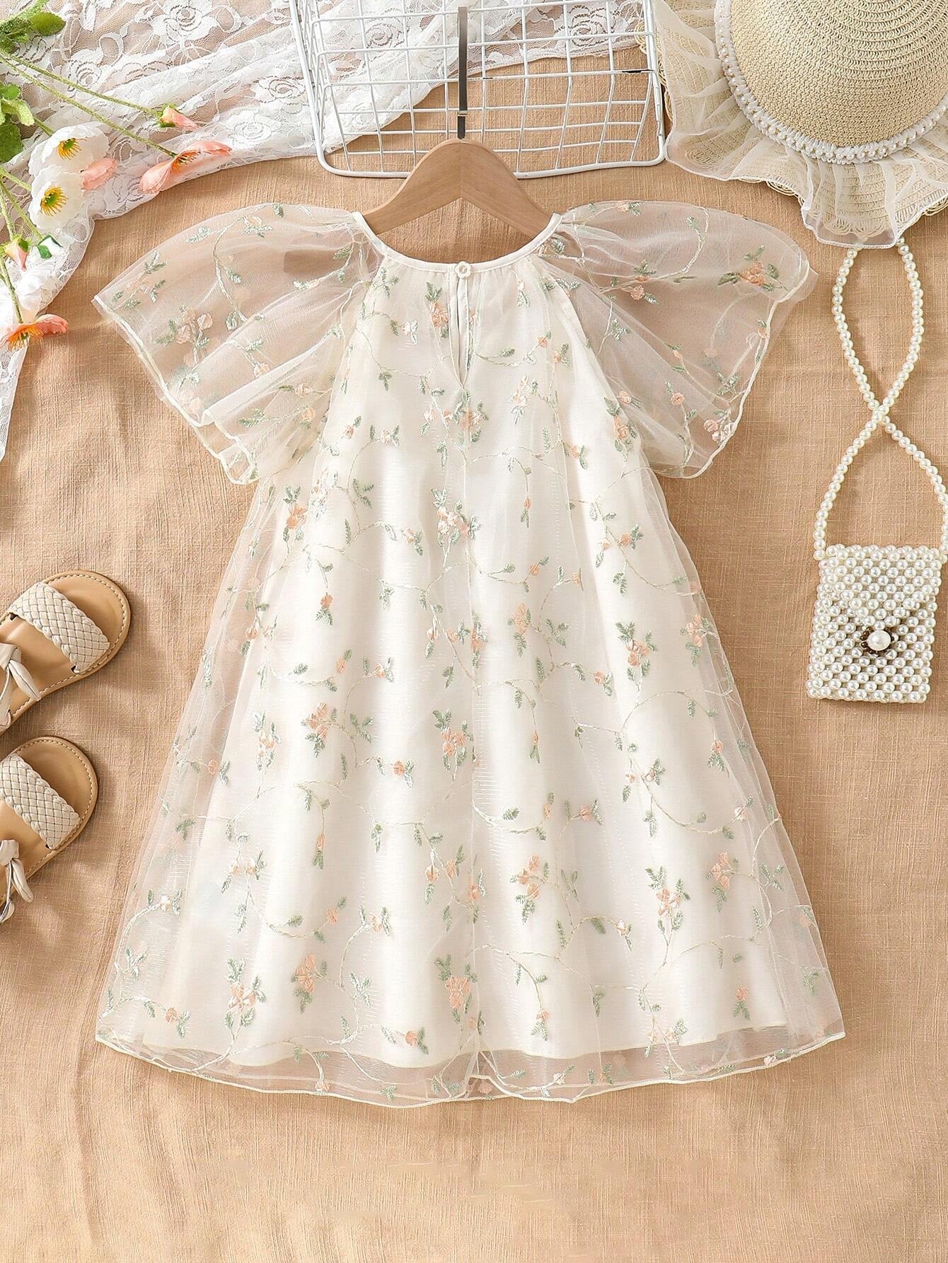 Young Girls' Mesh Embroidery Dress with Ruffle Hem