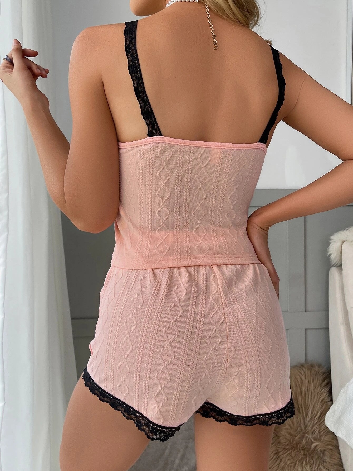 Lace Trim Fake Button Tie Front Textured PJ Set