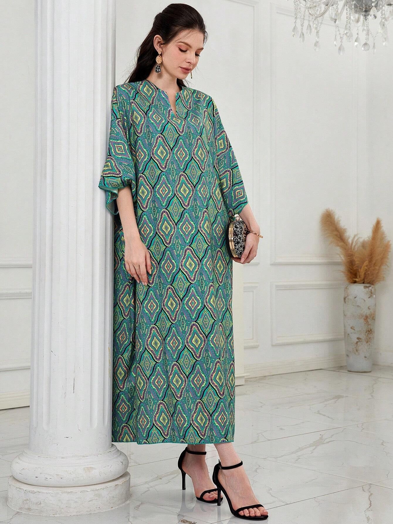 Najma Women'S Loose Turkish Long Shirt with Geometric Pattern