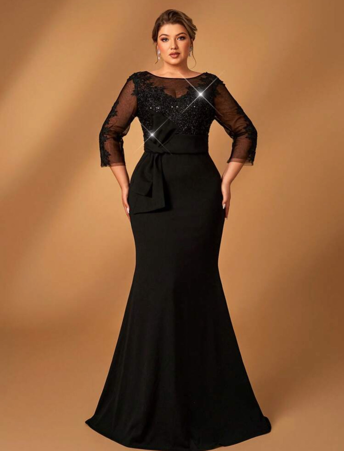 SHEIN Serin فستان ماكسي أنيق  ترتر ودانتيل أسود