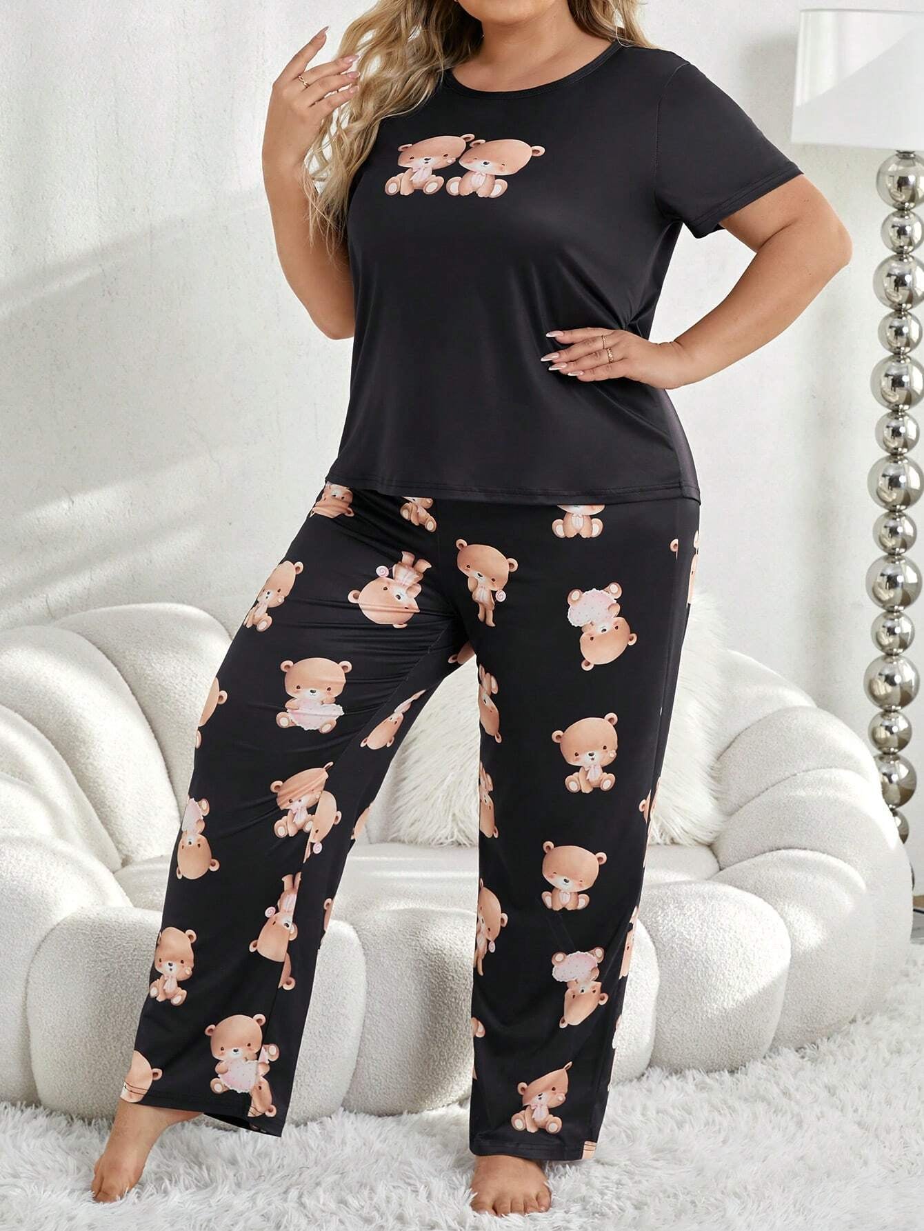 Plus Size Bear Print Homewear Suit