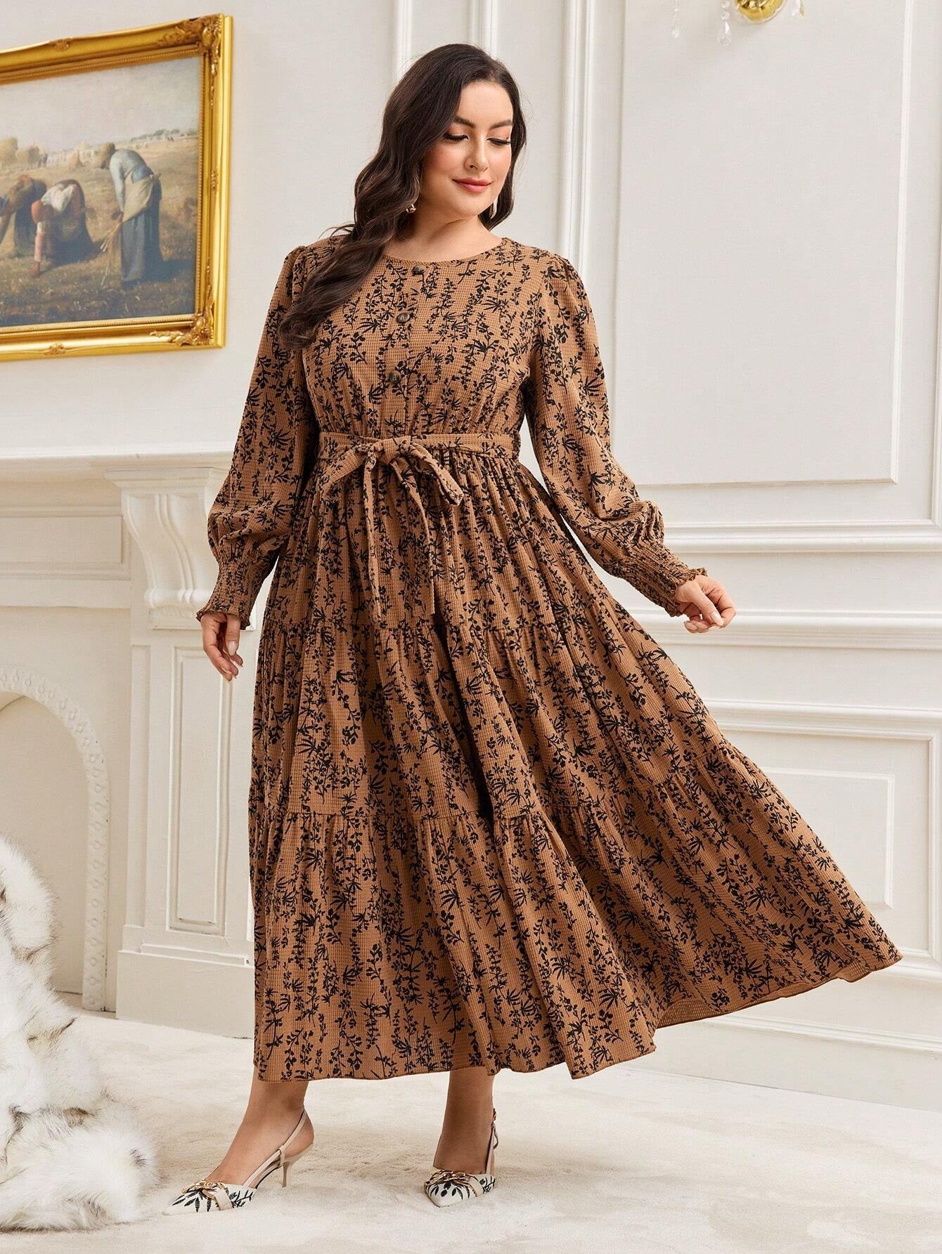 Mulvari plus Ditsy Floral Print Lantern Sleeve Ruffle Hem Belted Dress