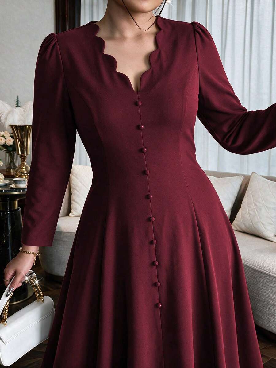 SHEIN Modelyn فستان عنابي بأزرار أمامية