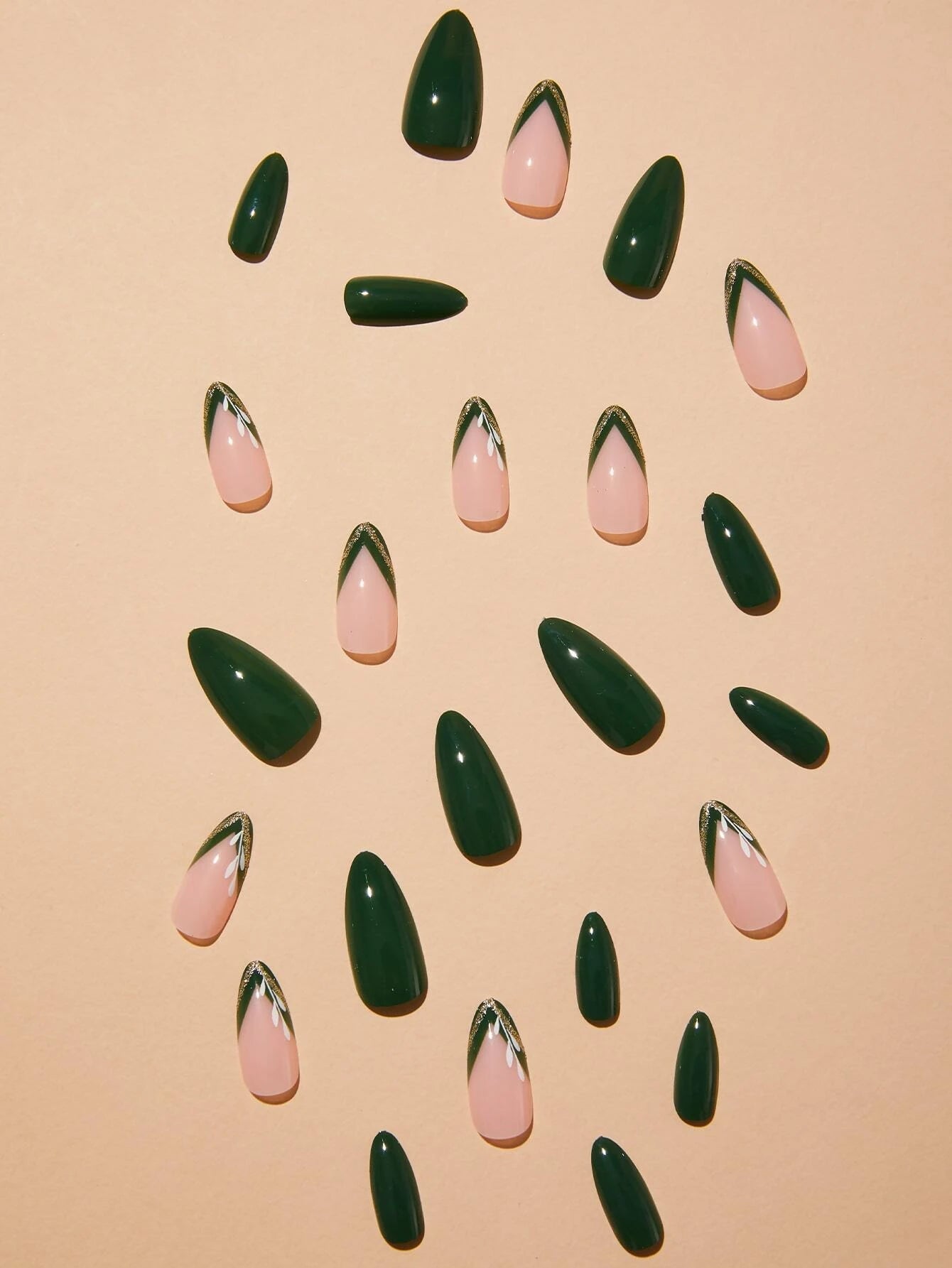 Instantly Upgrade Your Look with 24Pcs Long Almond Green French Leaf Pattern Fake Nail & 1Pc Nail File & 1Sheet Nail Tape