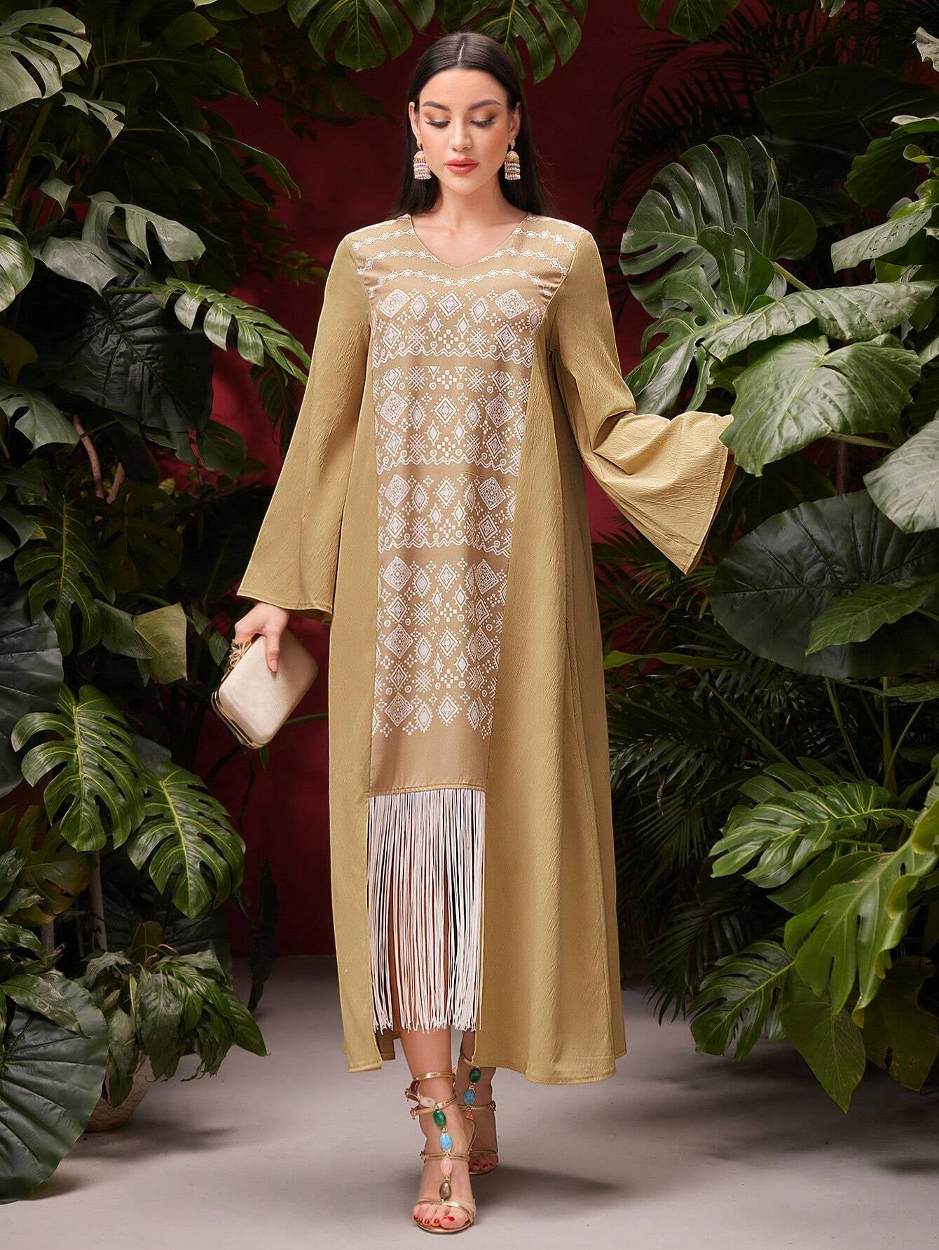 Najma Women'S Geometric Print Fringed Hem Arabic Jalabiya Dress