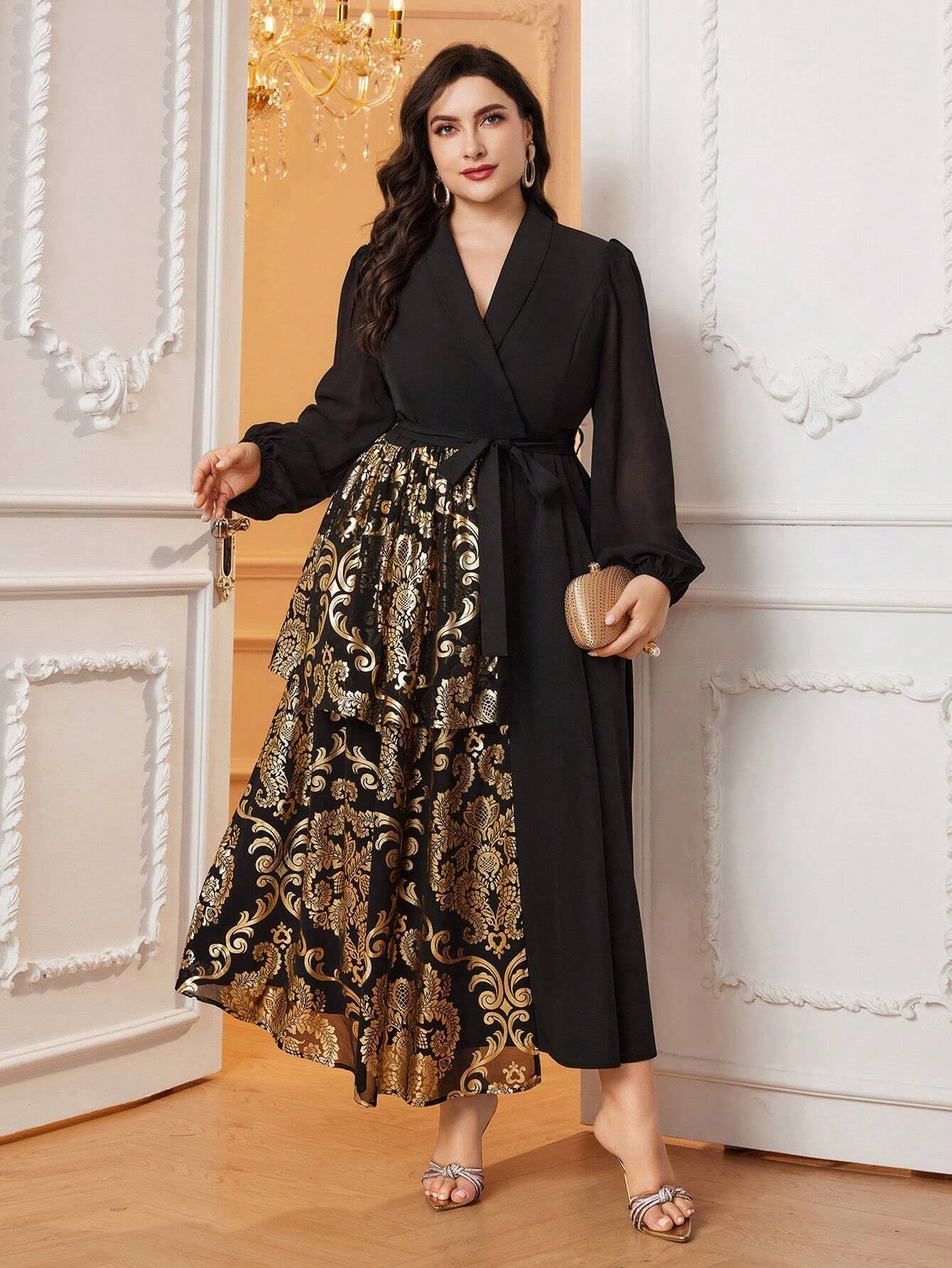 Modely plus Size Lantern Sleeves Belted Shirt Dress
