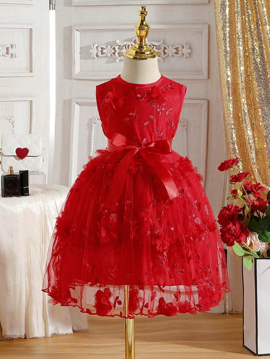 Young Girl, Red Sleeveless Princess Dress with Embroidered Mesh Patchwork
