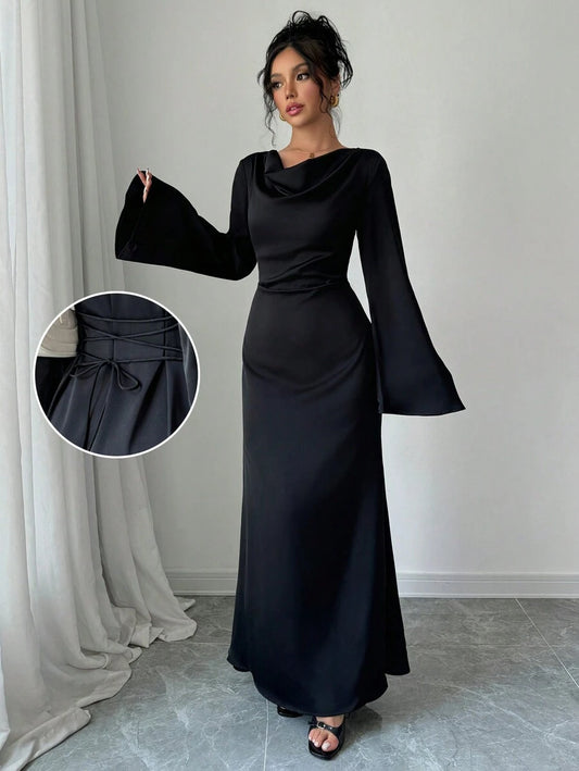SHEIN Rafferiza فستان ماكسي أسود من الساتان بكمام واسعة بشريط خلفي