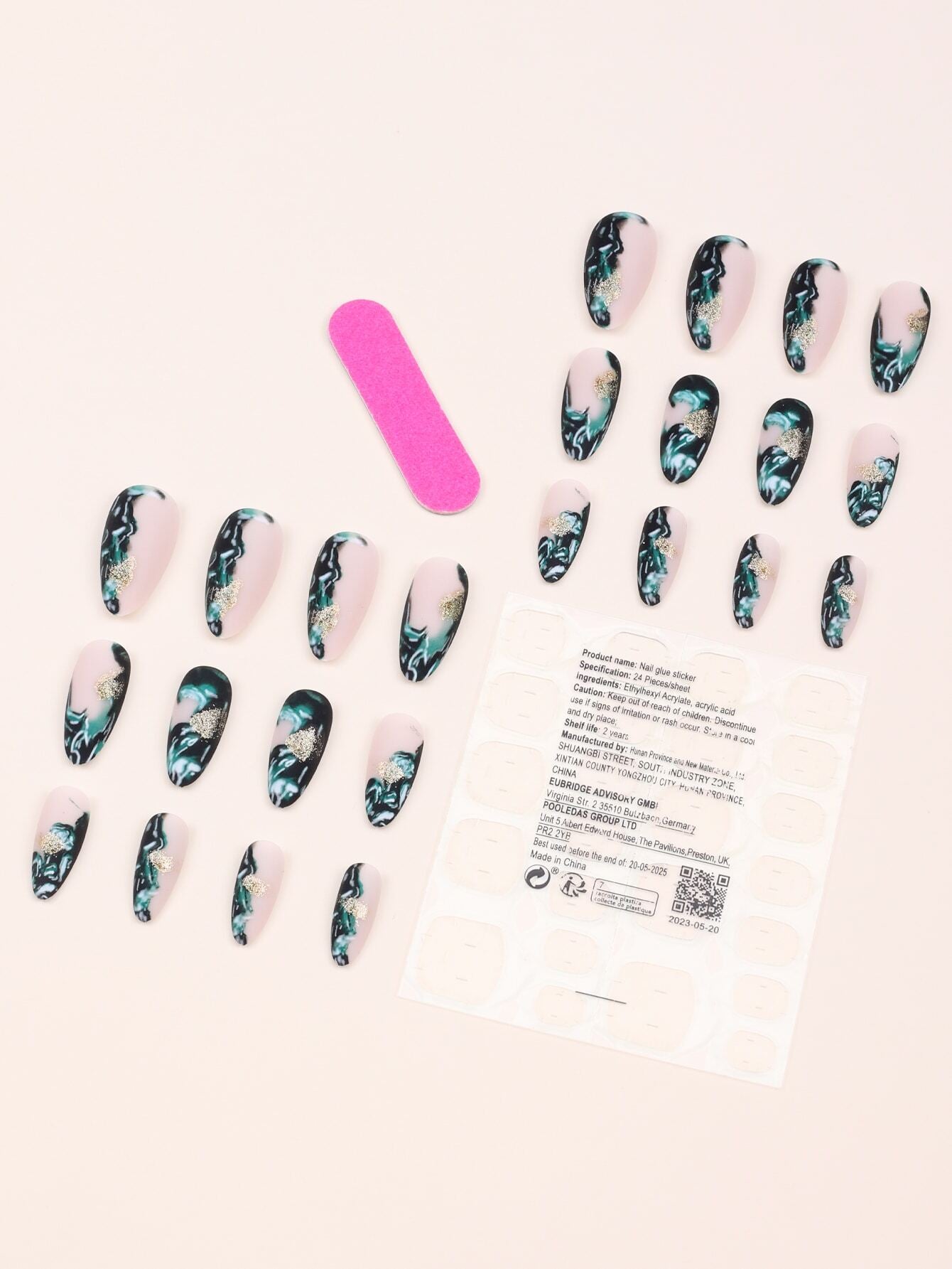 Galaxy Gradient Sparkling Powder Medium Almond Shape False Nails Set(24Pcs)+1Pc Jelly Glue+1Pc Nail File