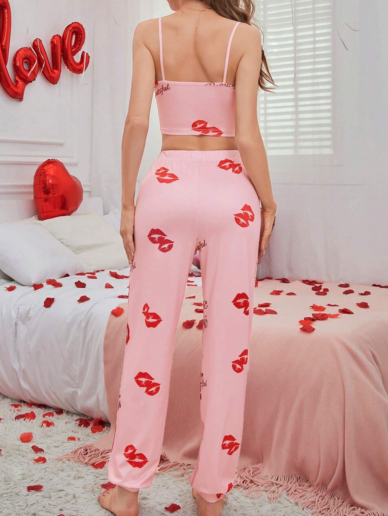 Women'S Sexy Lip Print 2Pcs Sleepwear Set, Summer