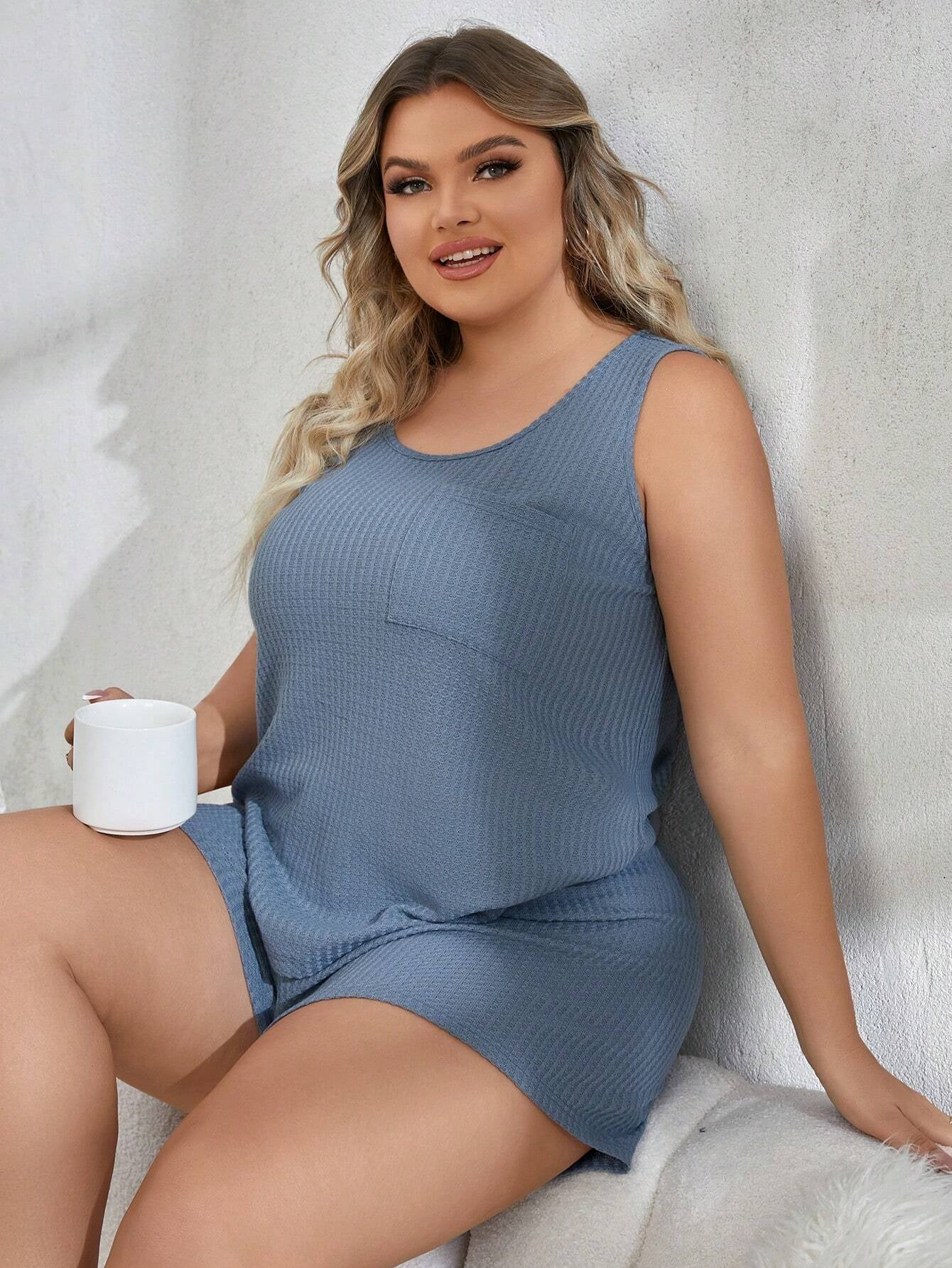 Plus Size Solid Color Basic Leisure Waffle Design Vest and Shorts Home Wear Set