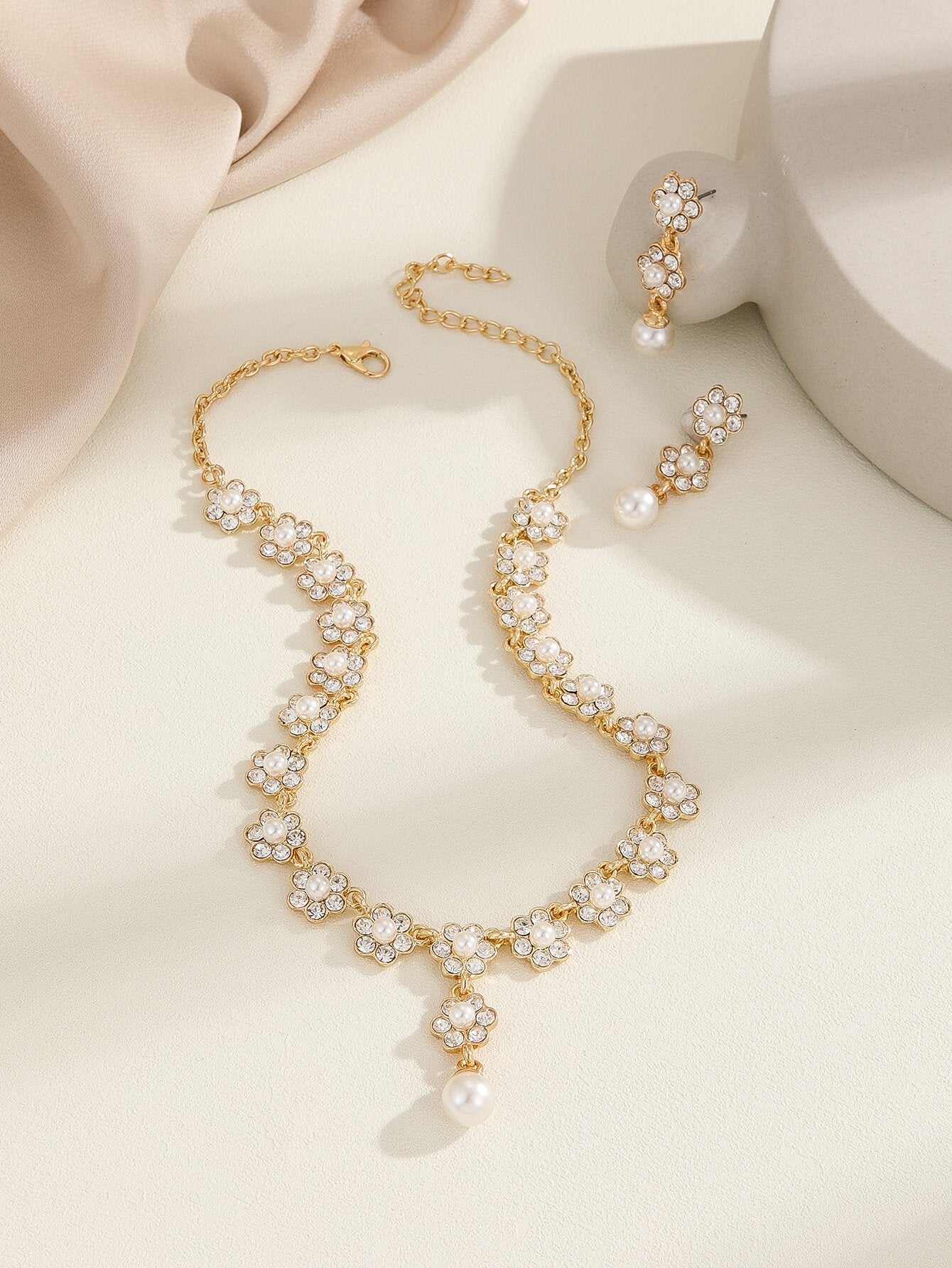 3Pcs/Set Wedding Bridal Jewelry Set with Small Faux Pearl, Crystal Water Drop Earrings and Necklace for Women'S Evening Party Dresses