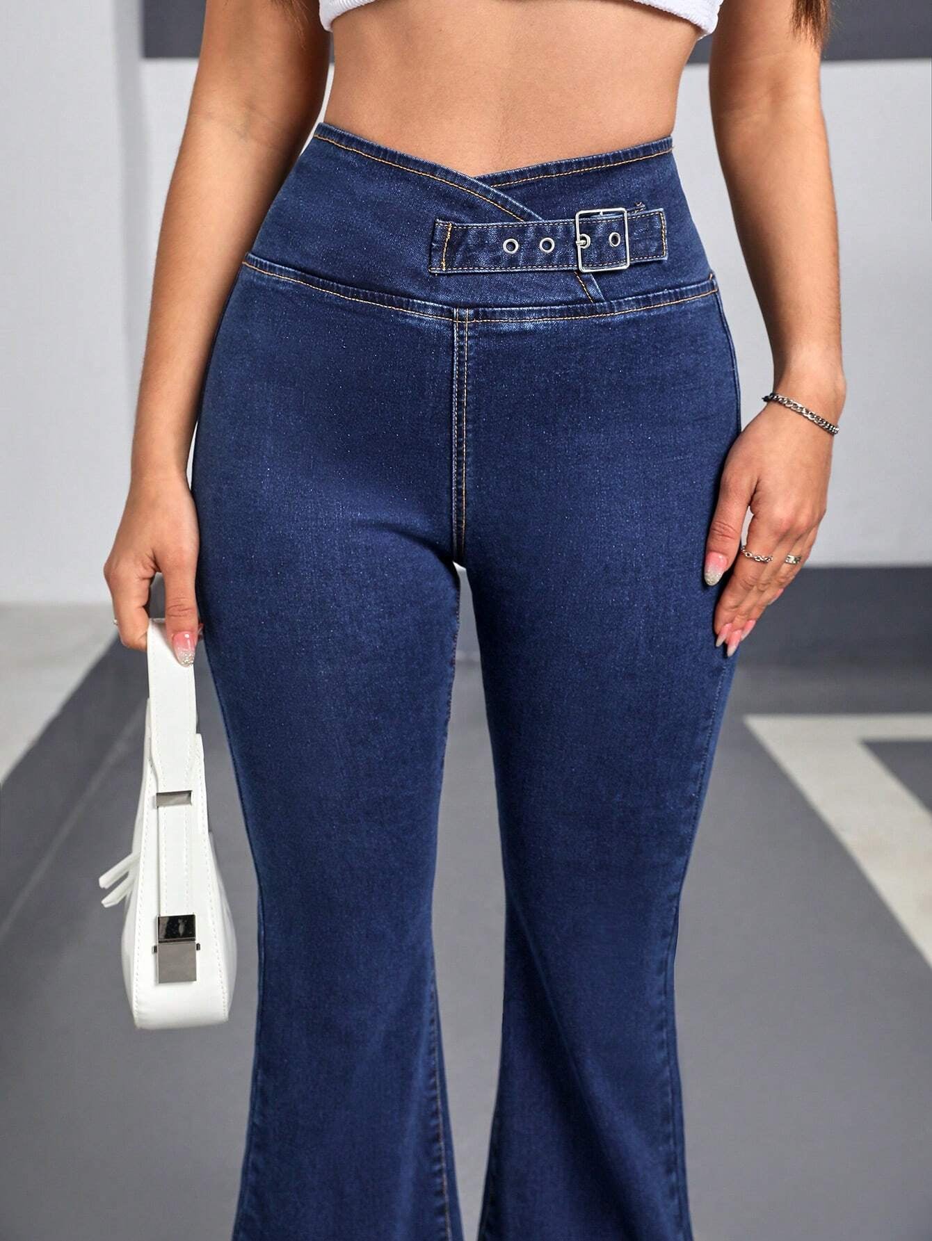 Ezwear Women'S High Waist Cross Knot Design Flared Jeans with Metallic Eyelets