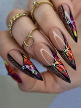 24Pcs/Box Galaxy Blue Starry Sky Almond Nail Tips with Ombre Effect + 1Pc Jelly Glue + 1Pc Nail File