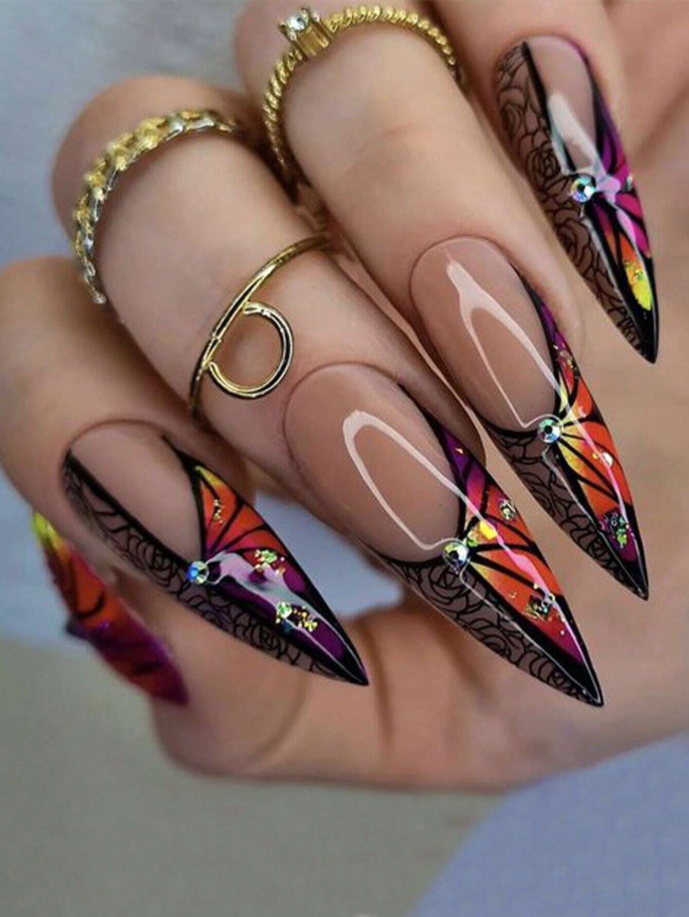 24Pcs Gradient Lightning Pattern Medium Length Almond False Nails, 1 Sheet Jelly Glue, and 1Pc Nail File