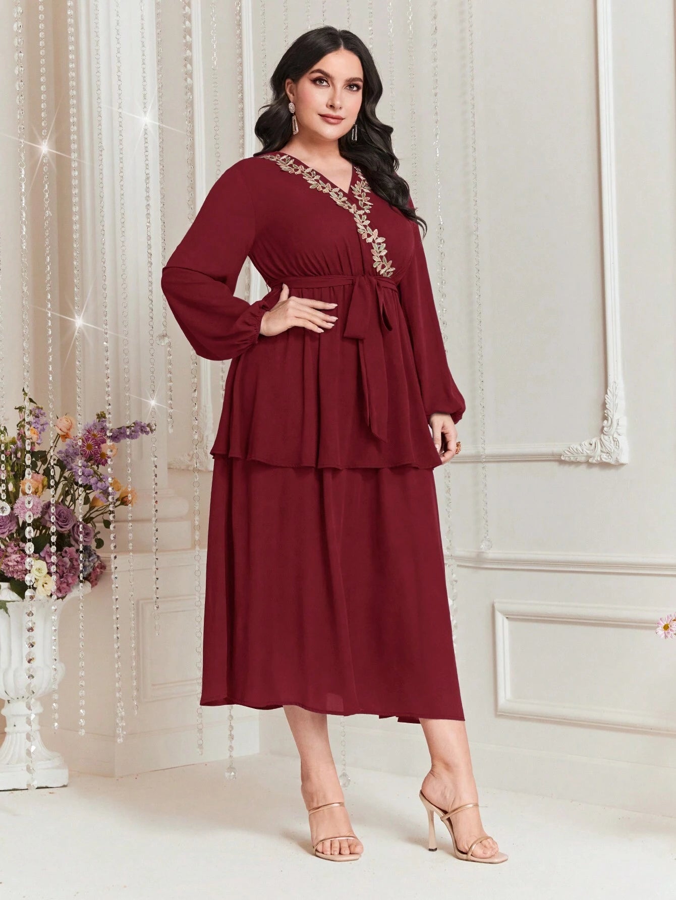 Modely plus Size Embroidered Decor Lantern Sleeve Dress