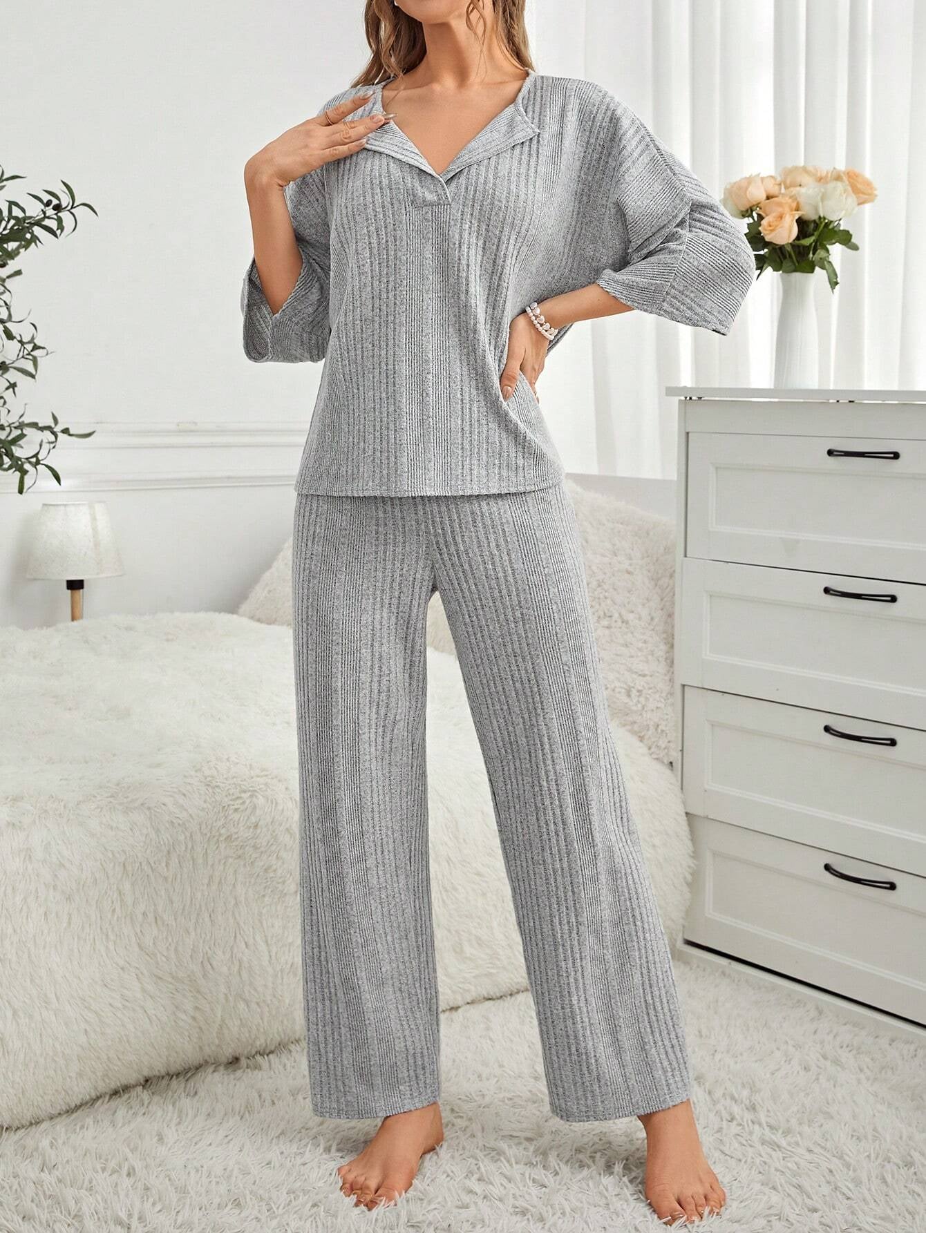 Solid Color Notched Collar Loose Fit Casual Home Wear Set