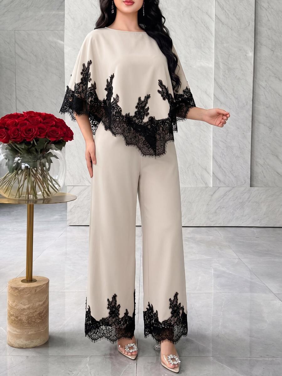 SHEIN Modelyn طقم نسائي قطعتين بلوزة مزينة بالدانتيل وبنطلون واسع الساق