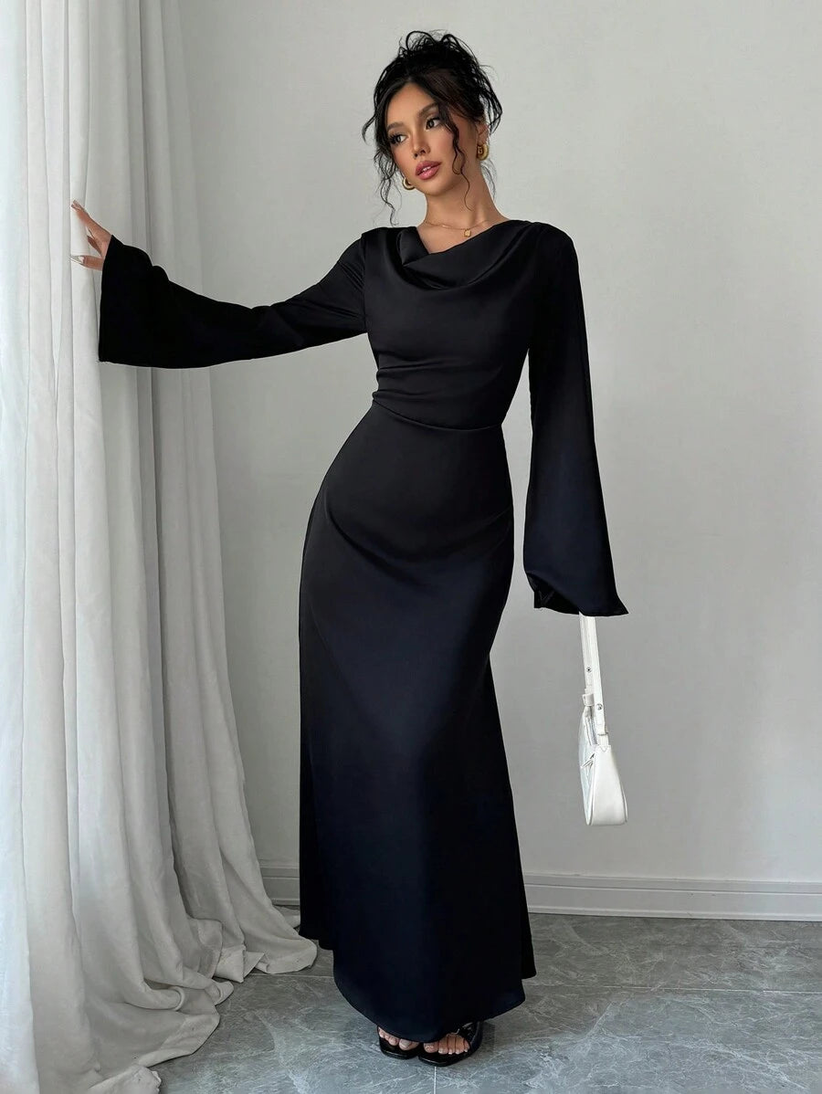 SHEIN Raffinéa فستان من الساتان مع رقبة منسدلة مجعدة, أكمام مفرقعة مربوطة بشريط خلفي, ملائم للخريف, فستان ماكسي ساتان أنيق وفاخر للسيدات
