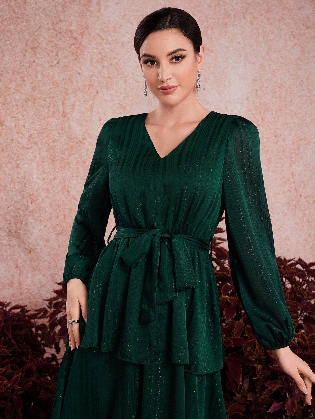 Modely Ladies' Solid Color V-Neck Lantern Sleeve Dress