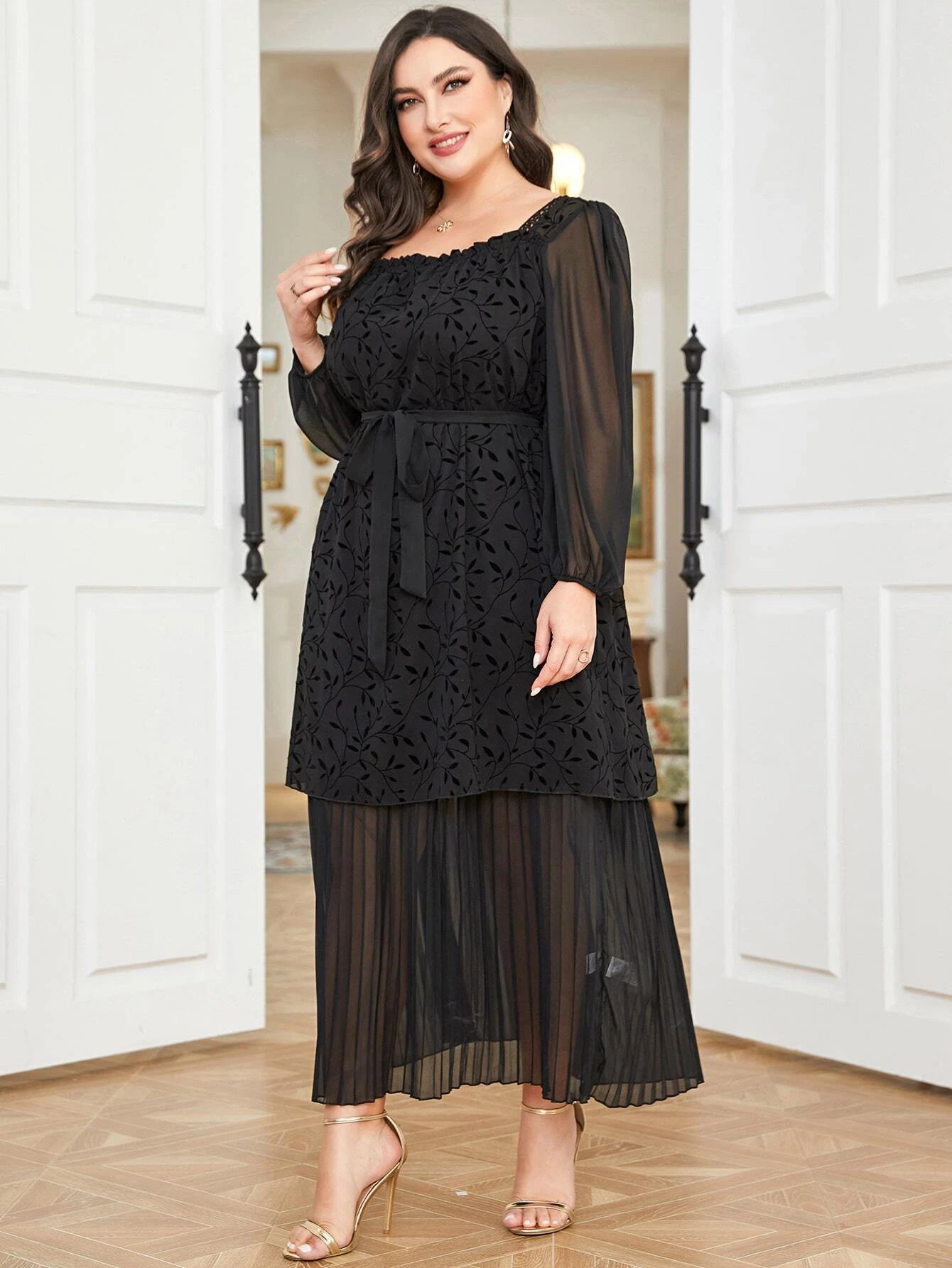 Mulvari plus Contrast Mesh Pleated Hem Belted Dress