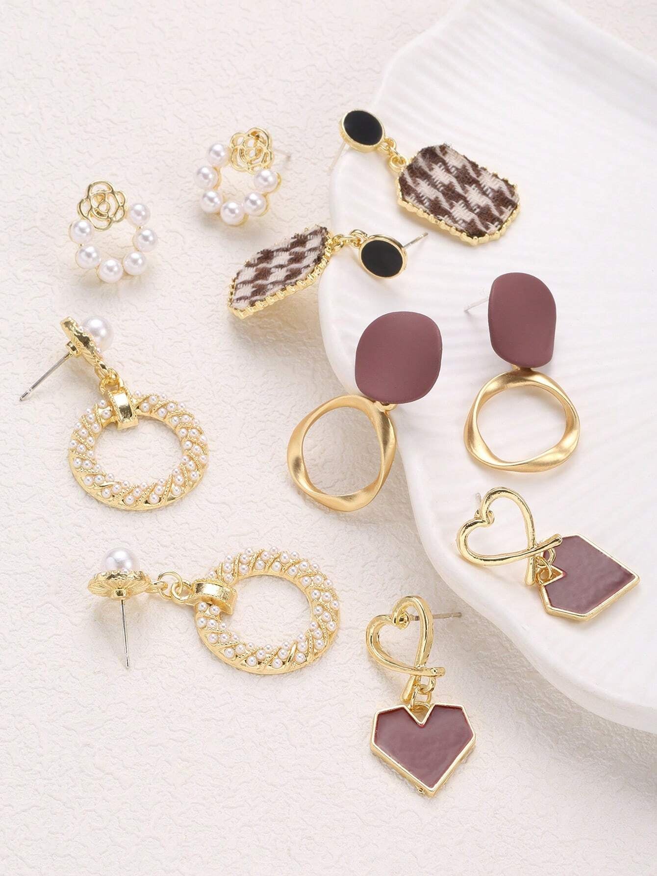 5Pairs/Set Vintage Alloy Dangle Earrings with Pearls & Rhinestone Heart-Shaped Ear Studs, Suitable for Women'S Daily Wear