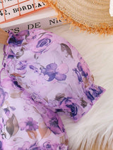 Young Girls' Summer Flower Print Dress, Purple Floral Princess Dress with Puff Sleeves