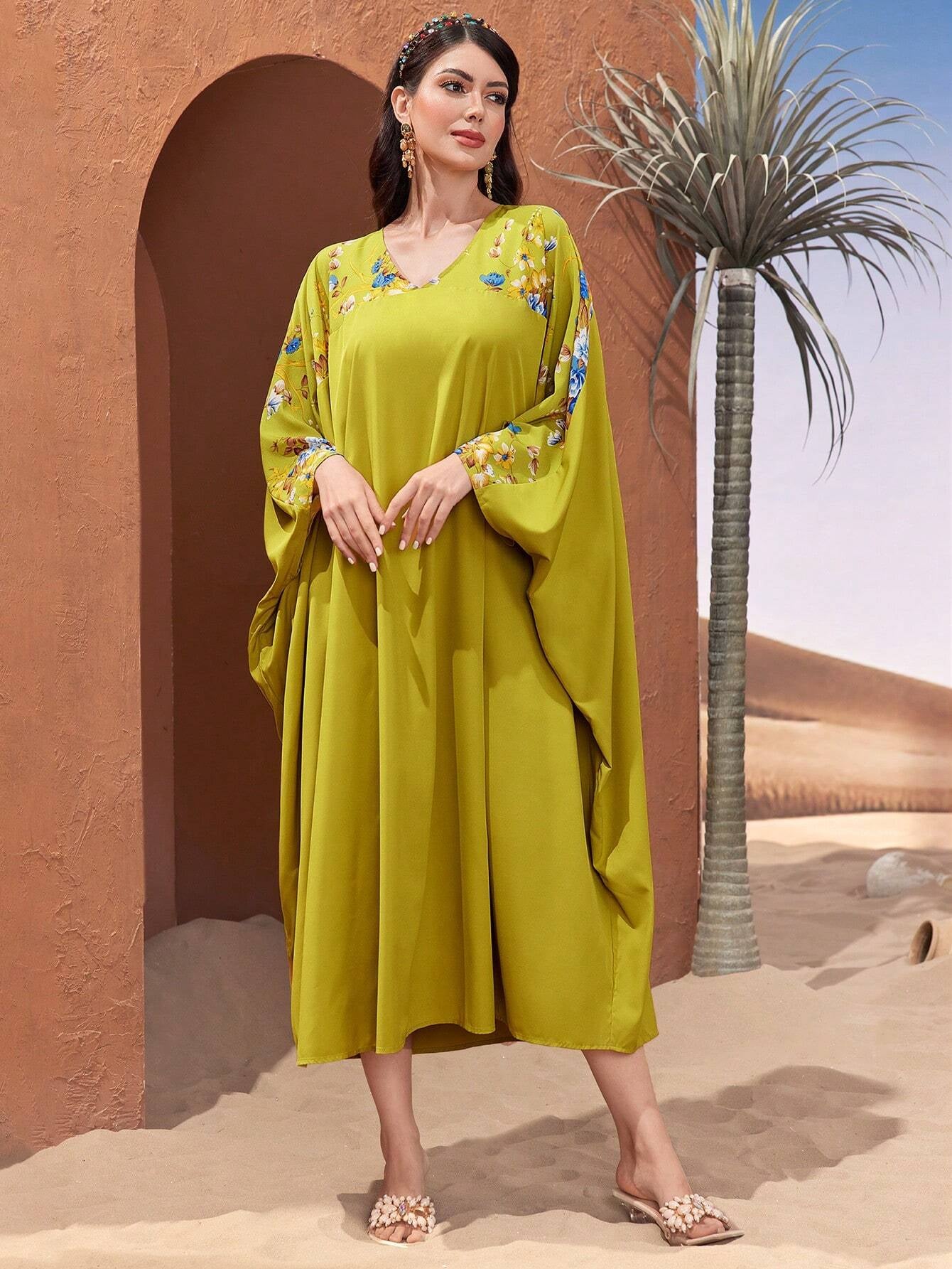 Najma Batwing Sleeve Dress with Plant Pattern Print