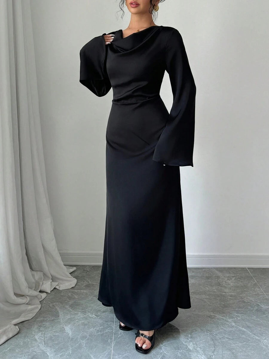 SHEIN Raffinéa فستان من الساتان مع رقبة منسدلة مجعدة, أكمام مفرقعة مربوطة بشريط خلفي, ملائم للخريف, فستان ماكسي ساتان أنيق وفاخر للسيدات