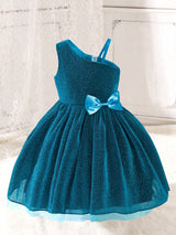Young Girl Asymmetrical Collar Princess Style Tulle Dress with Ribbon Decor, Perfect for Parties