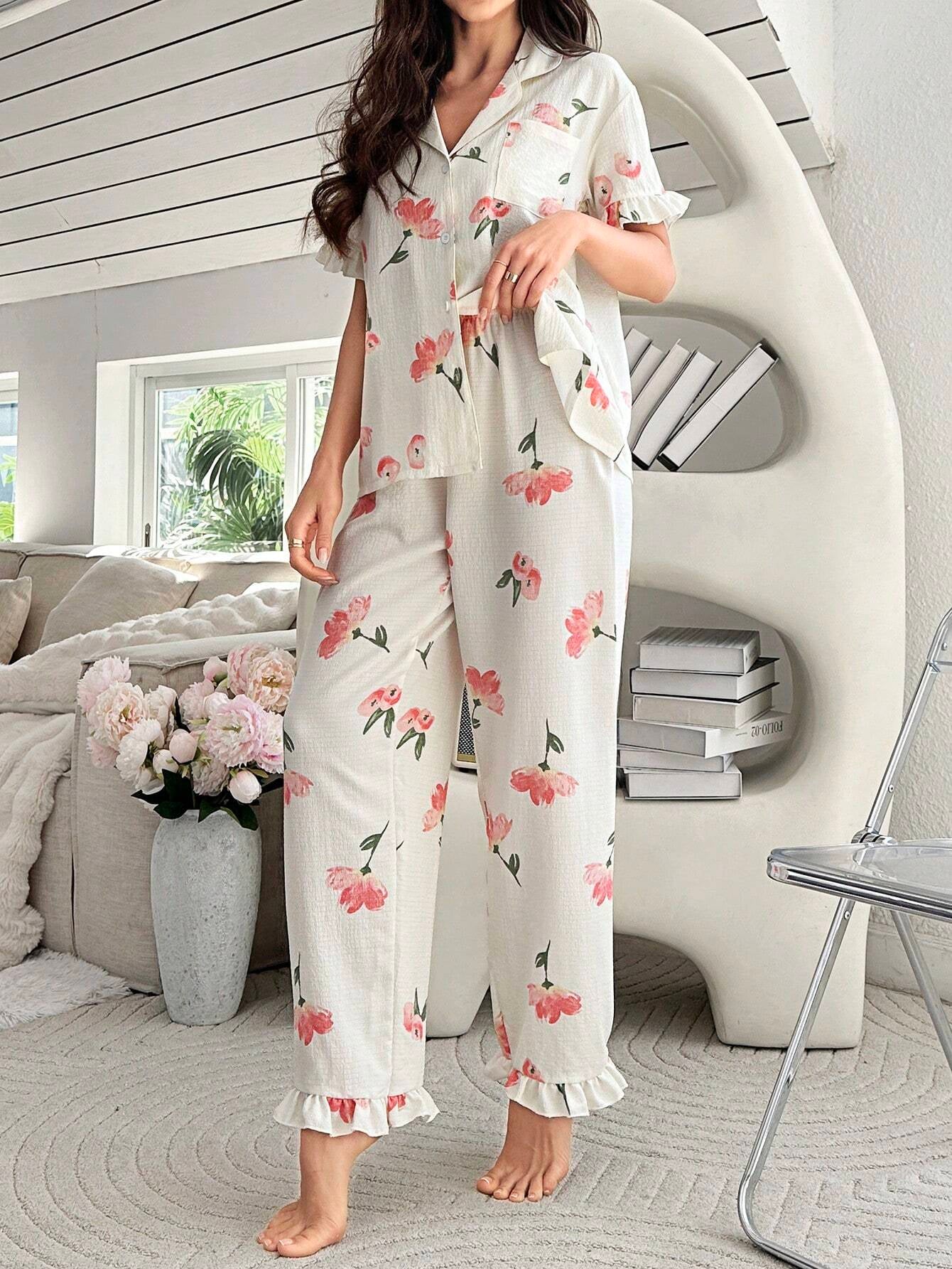 Women'S Flower Pattern Printed Ruffle Hem Decorated Pajama Set