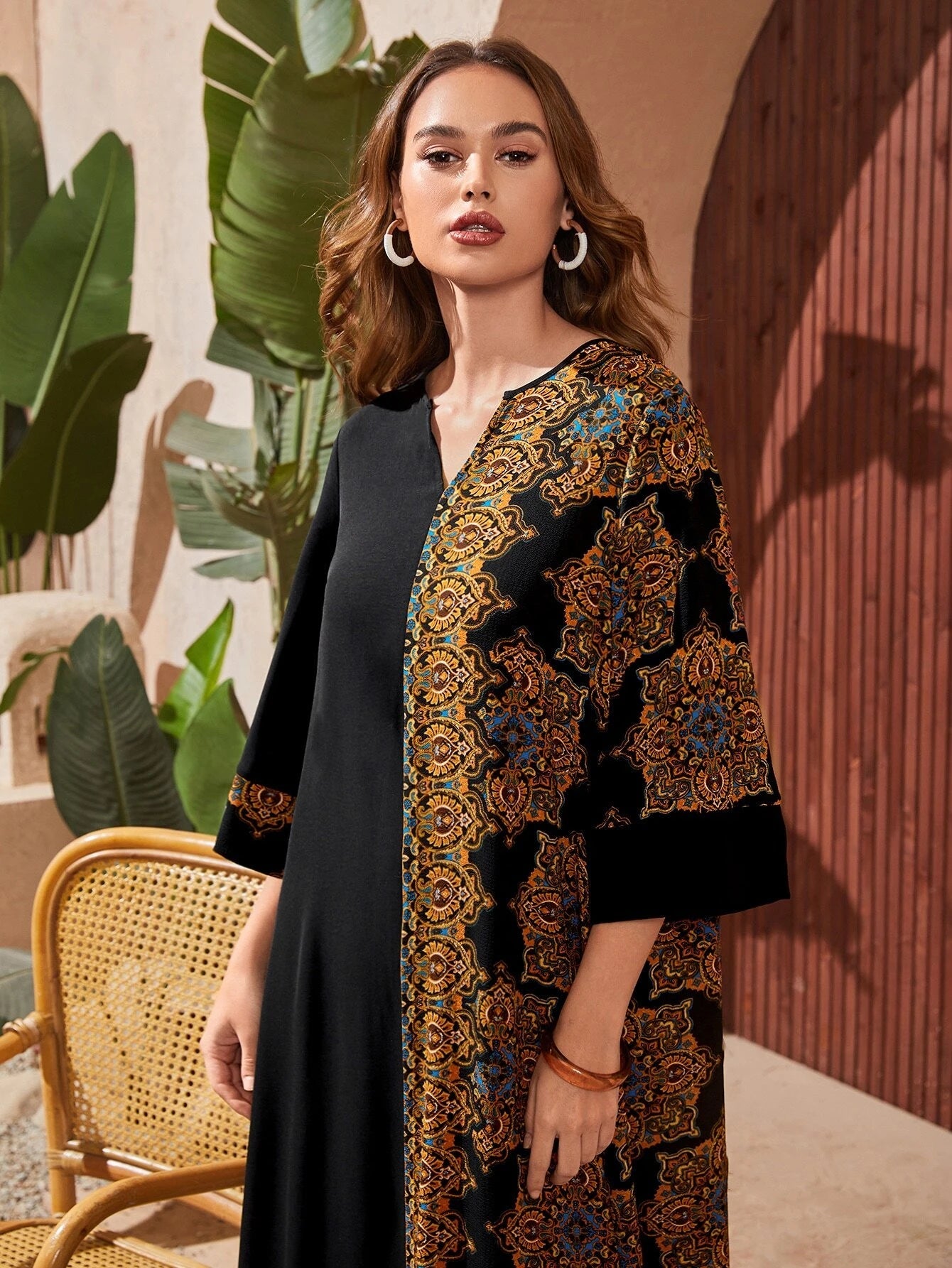 Najma Graphic Print Panel Notch Neck Tent Dress