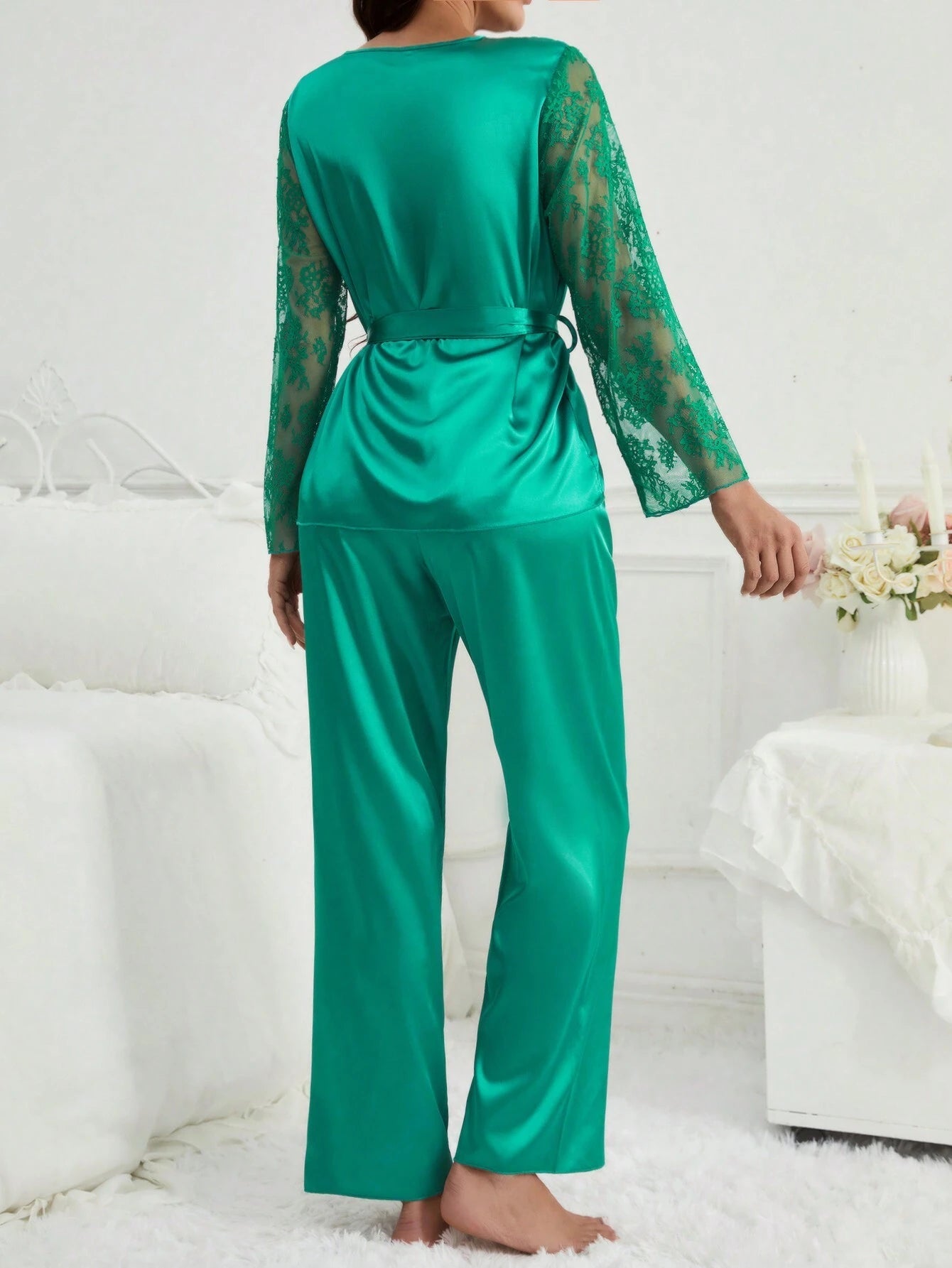 Solid Color Lace Patchwork Pajama Set