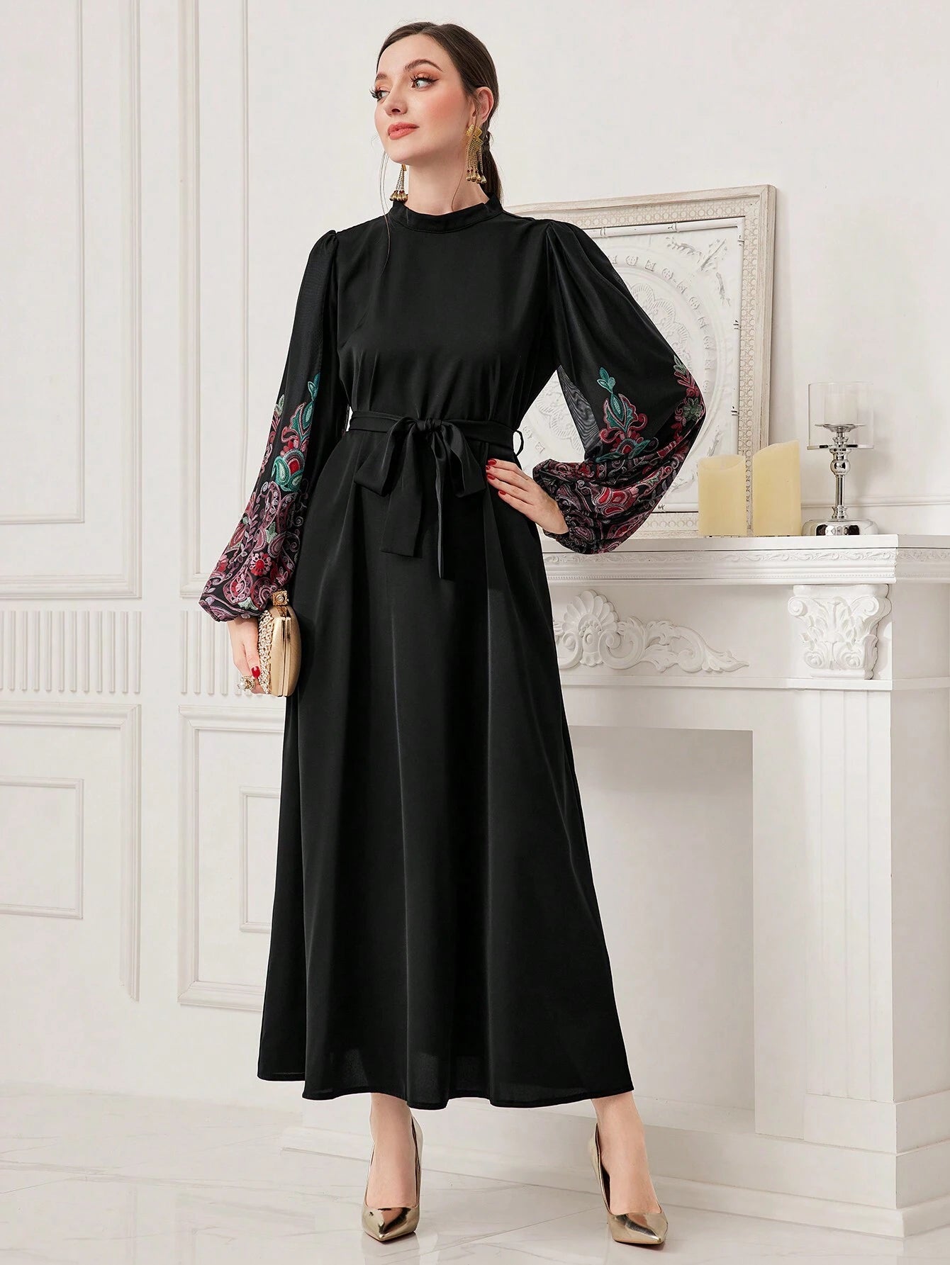 Najma Women'S Floral Printed Lantern Sleeve Dress with Belt