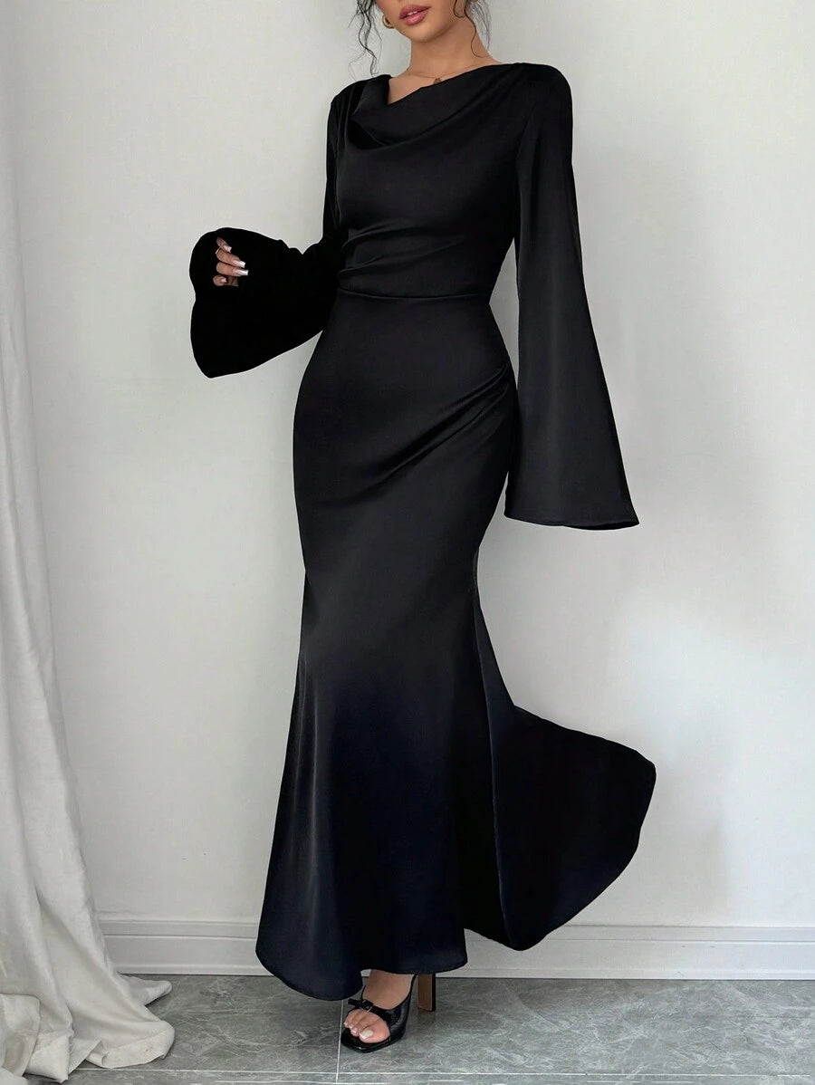 SHEIN Raffinéa فستان من الساتان مع رقبة منسدلة مجعدة, أكمام مفرقعة مربوطة بشريط خلفي, ملائم للخريف, فستان ماكسي ساتان أنيق وفاخر للسيدات