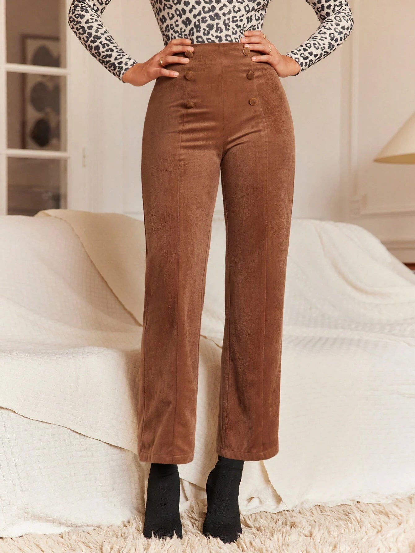 Frenchy High-Waisted Straight Leg Pants with Double Breasted Decoration