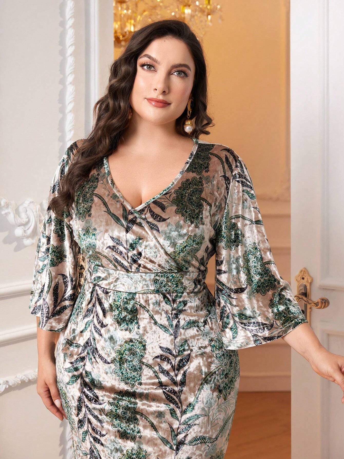 Modely plus Floral Print Flounce Sleeve Dress