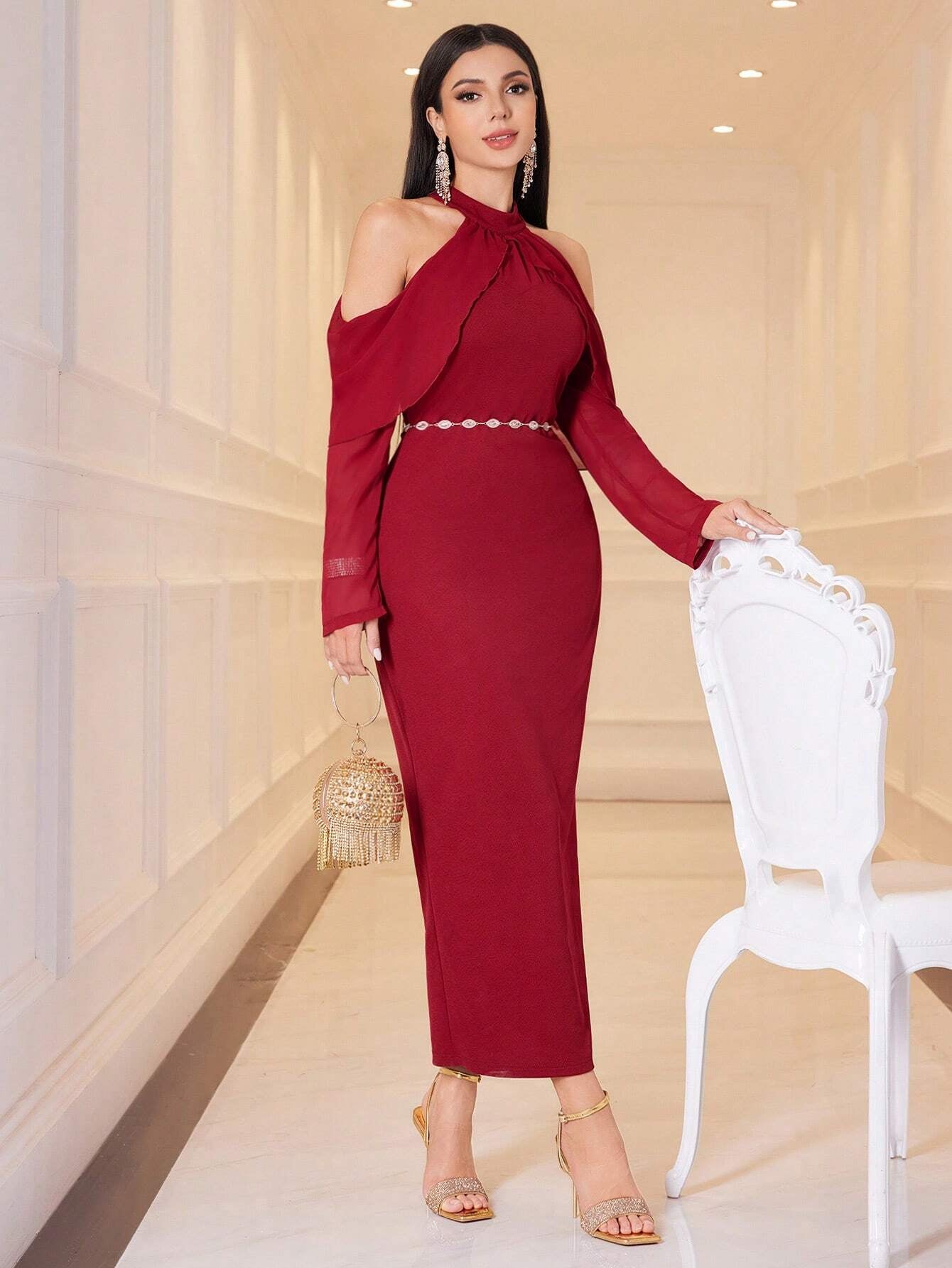 Modely Women'S Long Sleeve Off-Shoulder Hollow Dress without Waist Chain