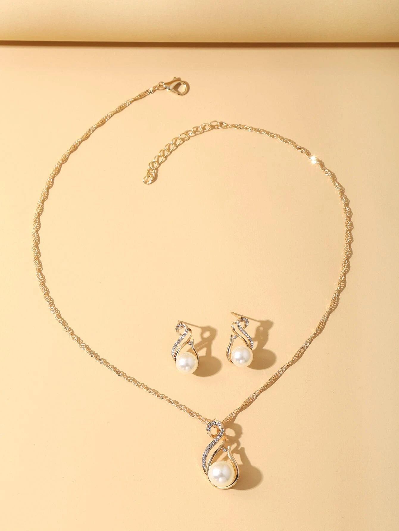 1Pc Charming Water Drop Shaped Rhinestone & Faux Pearl Pendant Necklace and 1Pair Earrings, Birthday/Festival Gift for Women