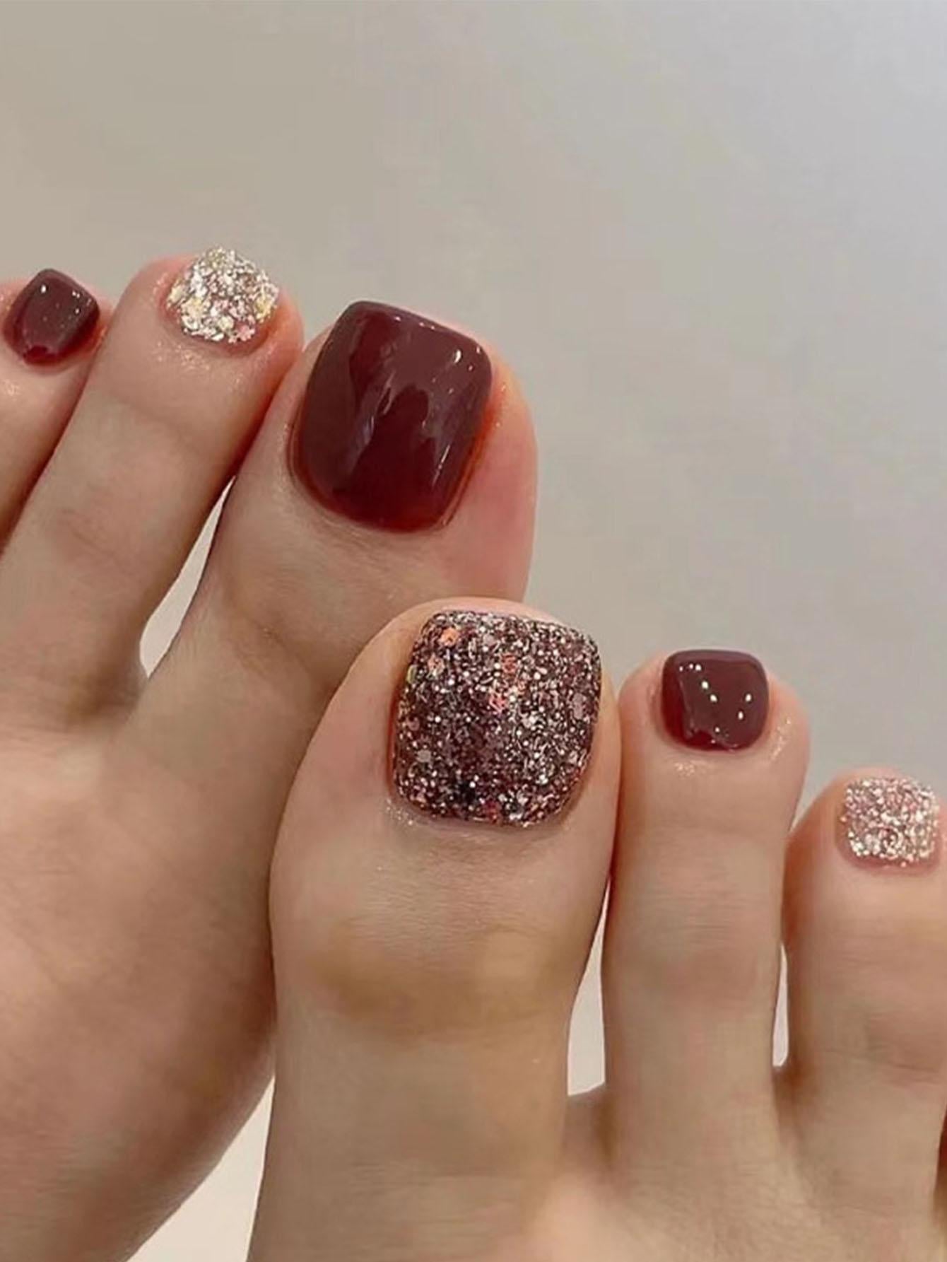 Upgrade Your Look with 24Pcs Short Square Timeless Burgundy Glittered Press-On Pedicure Gel Nails Full Cover Fake Toenail Kit