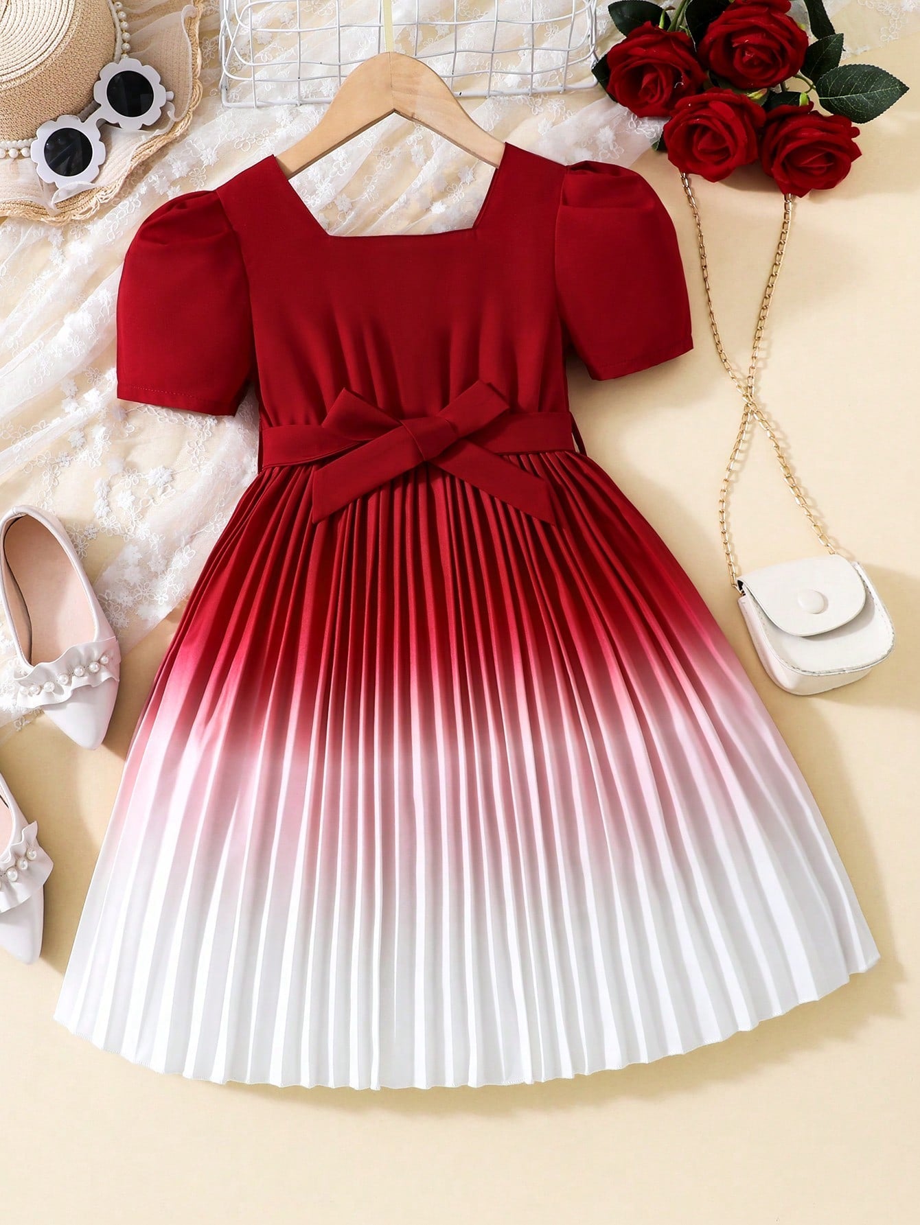 Young Girl Ombre Puff Sleeve Pleated Hem Belted Dress