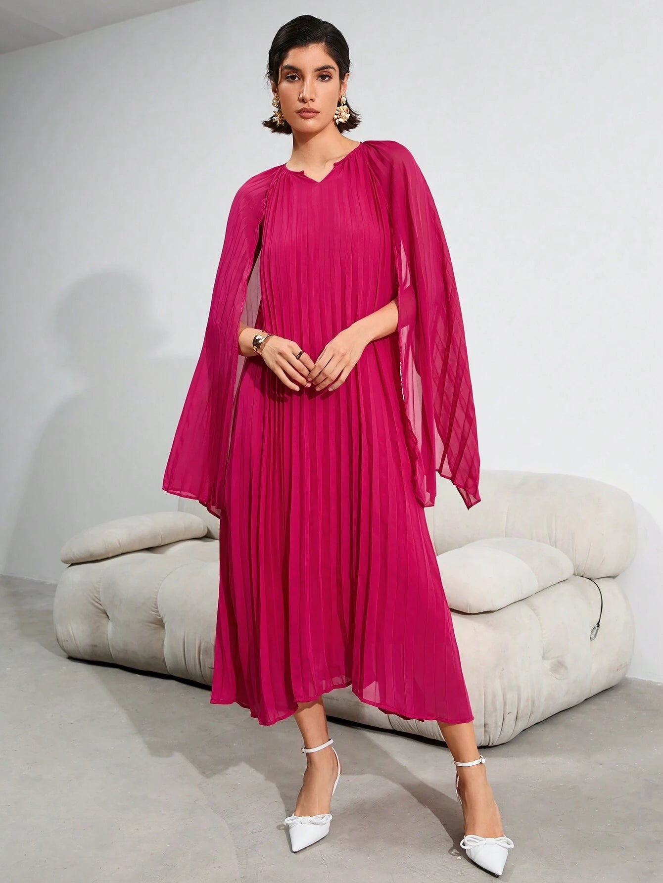 Privé Solid Color Cape Sleeve Pleated Dress