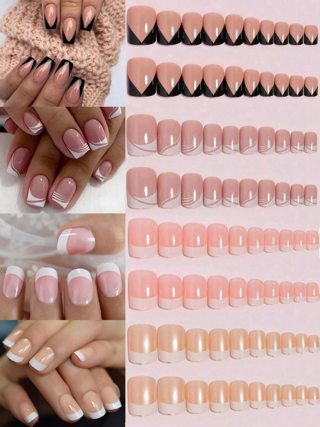 96Pcs(4Colors) Short Square Press on Nails Acrylic Short Fake Nails Full Cover Black and White French Designs Shiny Glue on Nails False Nail as Gift for Women and Girls with Storage Box