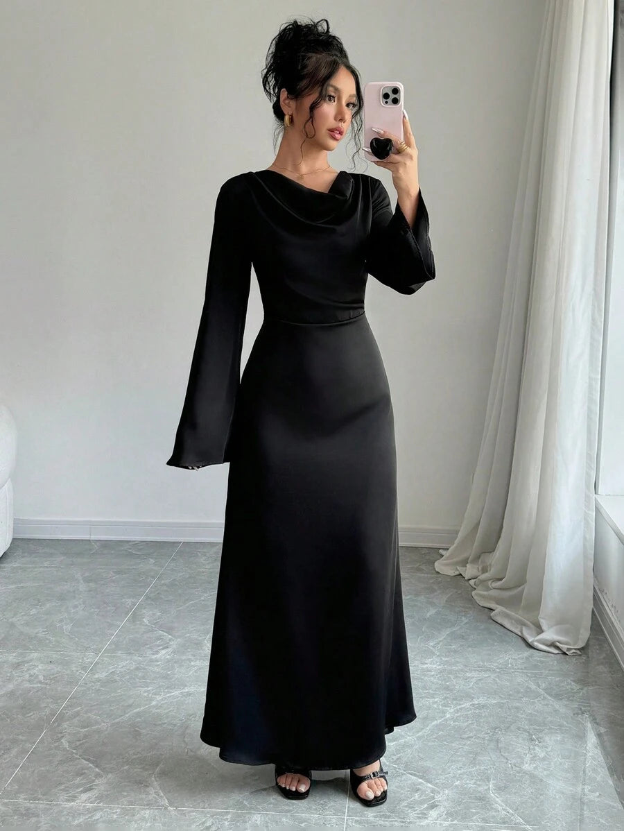 SHEIN Raffinéa فستان من الساتان مع رقبة منسدلة مجعدة, أكمام مفرقعة مربوطة بشريط خلفي, ملائم للخريف, فستان ماكسي ساتان أنيق وفاخر للسيدات