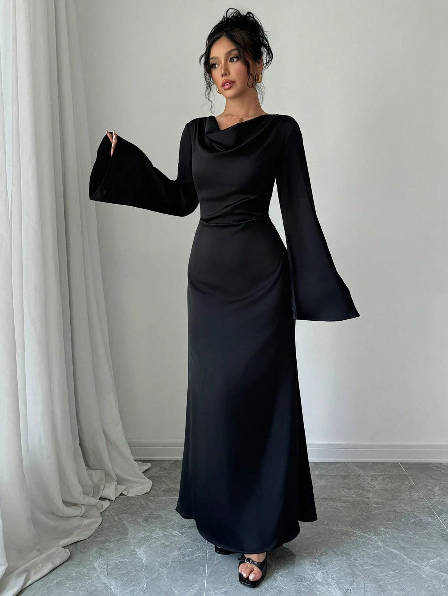 SHEIN Raffinéa فستان من الساتان مع رقبة منسدلة مجعدة, أكمام مفرقعة مربوطة بشريط خلفي, ملائم للخريف, فستان ماكسي ساتان أنيق وفاخر للسيدات
