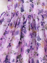 Young Girls' Summer Flower Print Dress, Purple Floral Princess Dress with Puff Sleeves