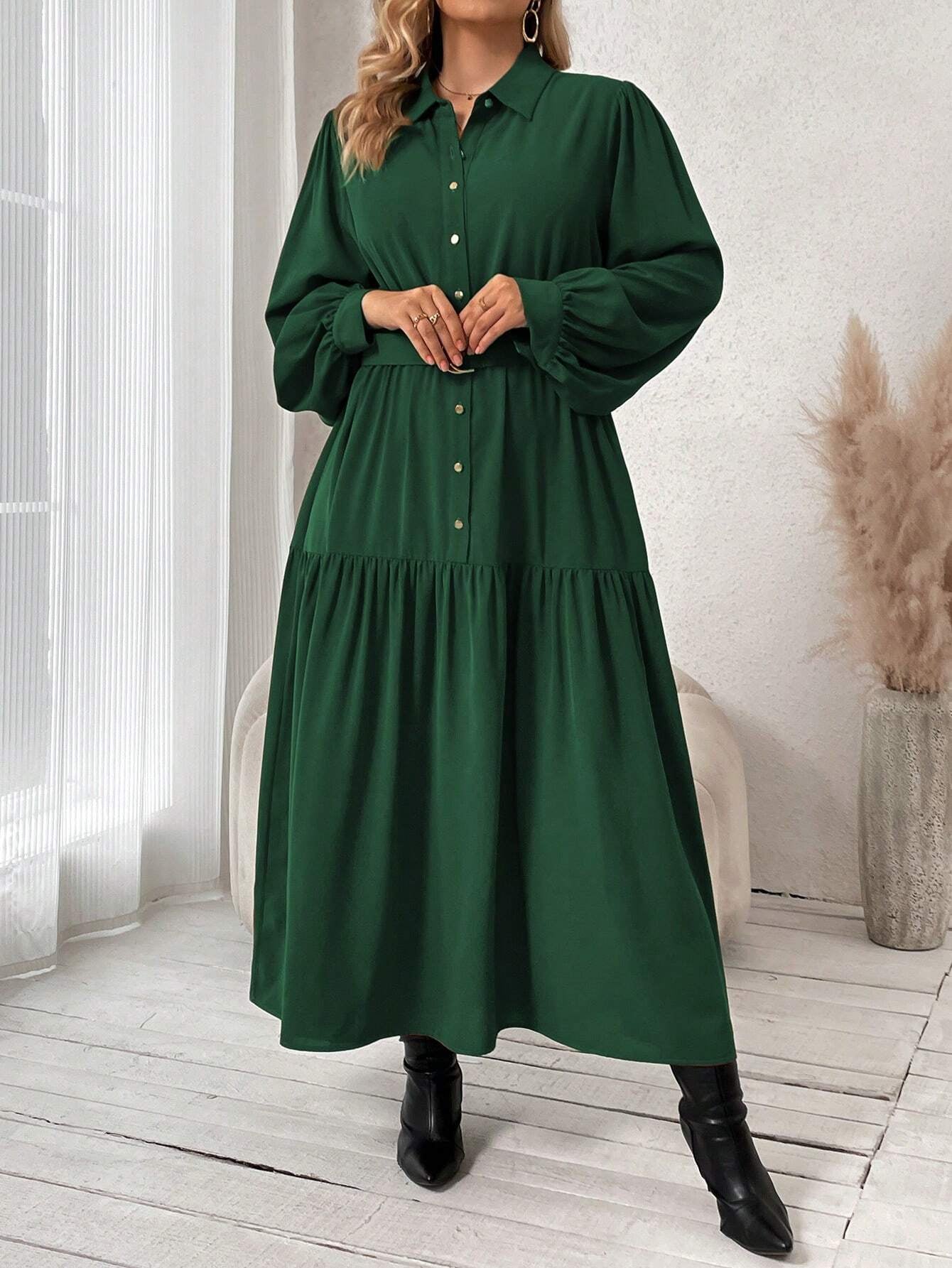 Frenchy plus Lantern Sleeve Ruffle Hem Belted Shirt Dress