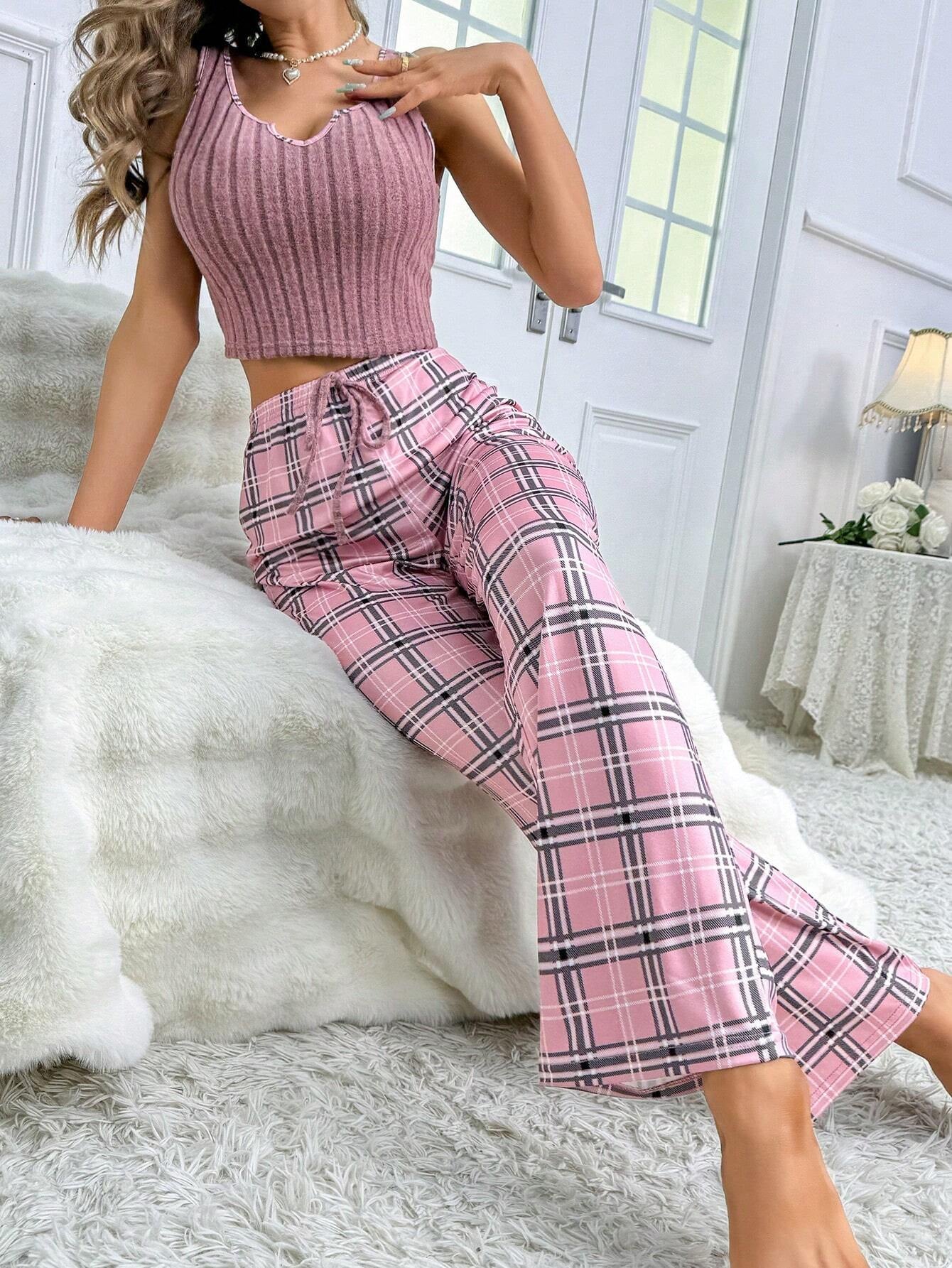 Women'S Ribbed Cami Plaid Pants Pajama Set