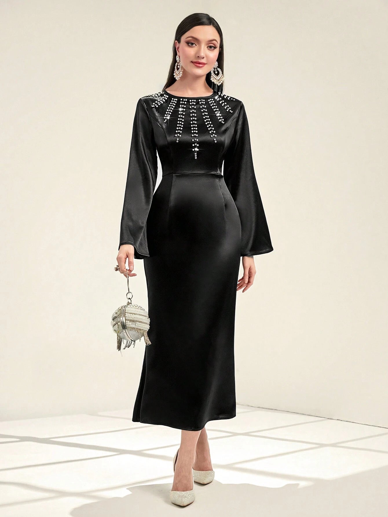 Najma Rhinestone Detail Bell Sleeve Dress