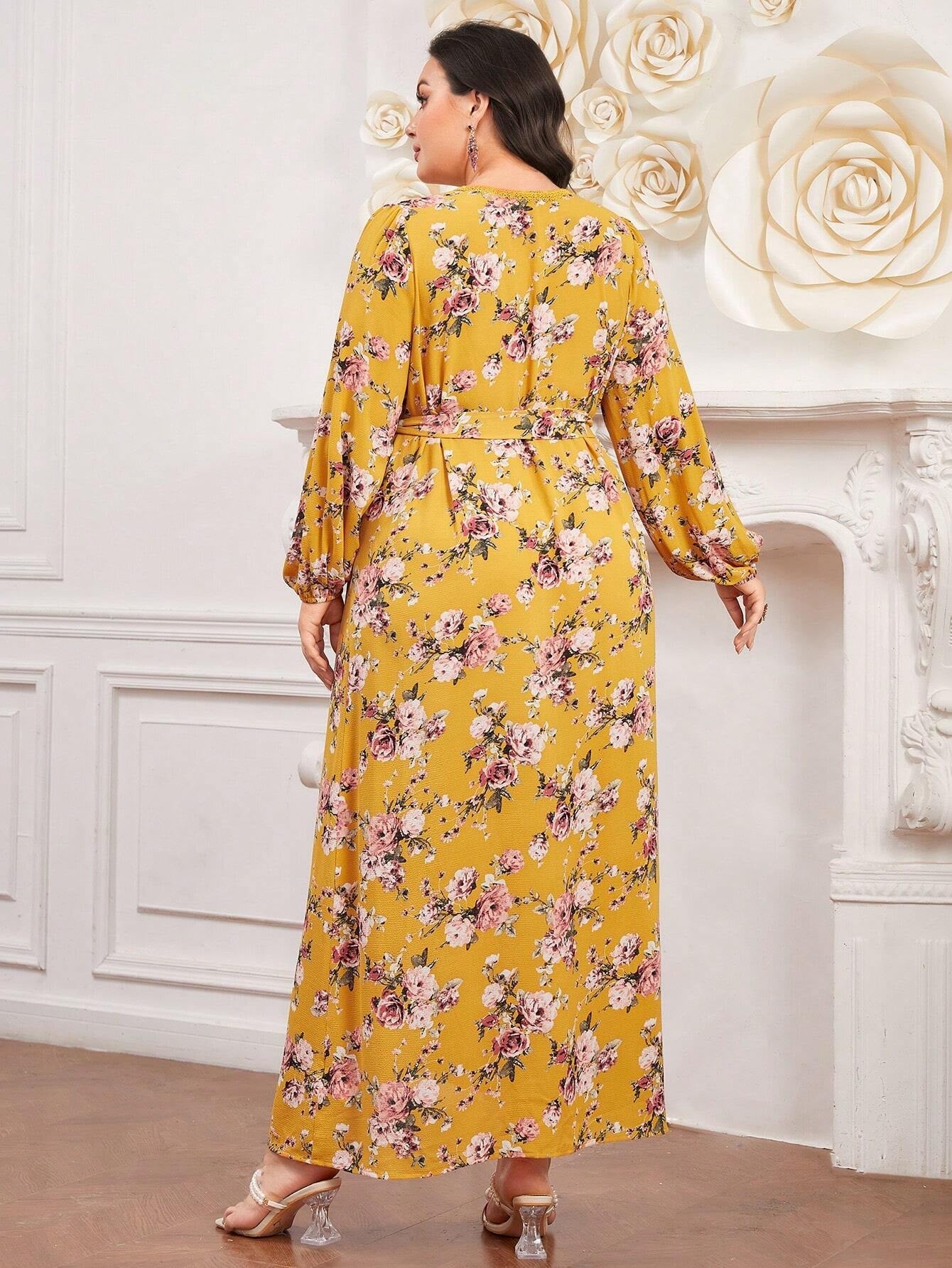 Mulvari plus Size Floral Print Lace Trim Lantern Sleeve Dress